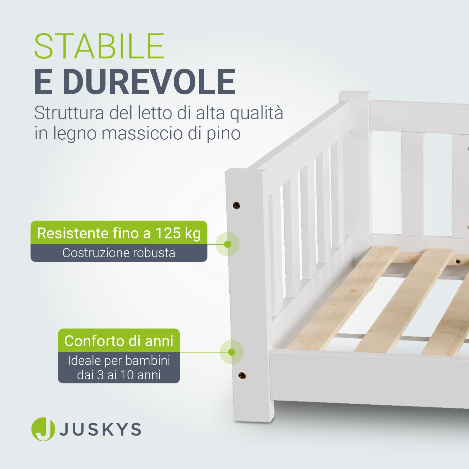 Juskys Letto a pavimento per bambini Naya 80x160 cm con barriera di sicurezza e rete a doghe – letto Montessori in legno massiccio di pino – letto con sponde per bambini – bianco