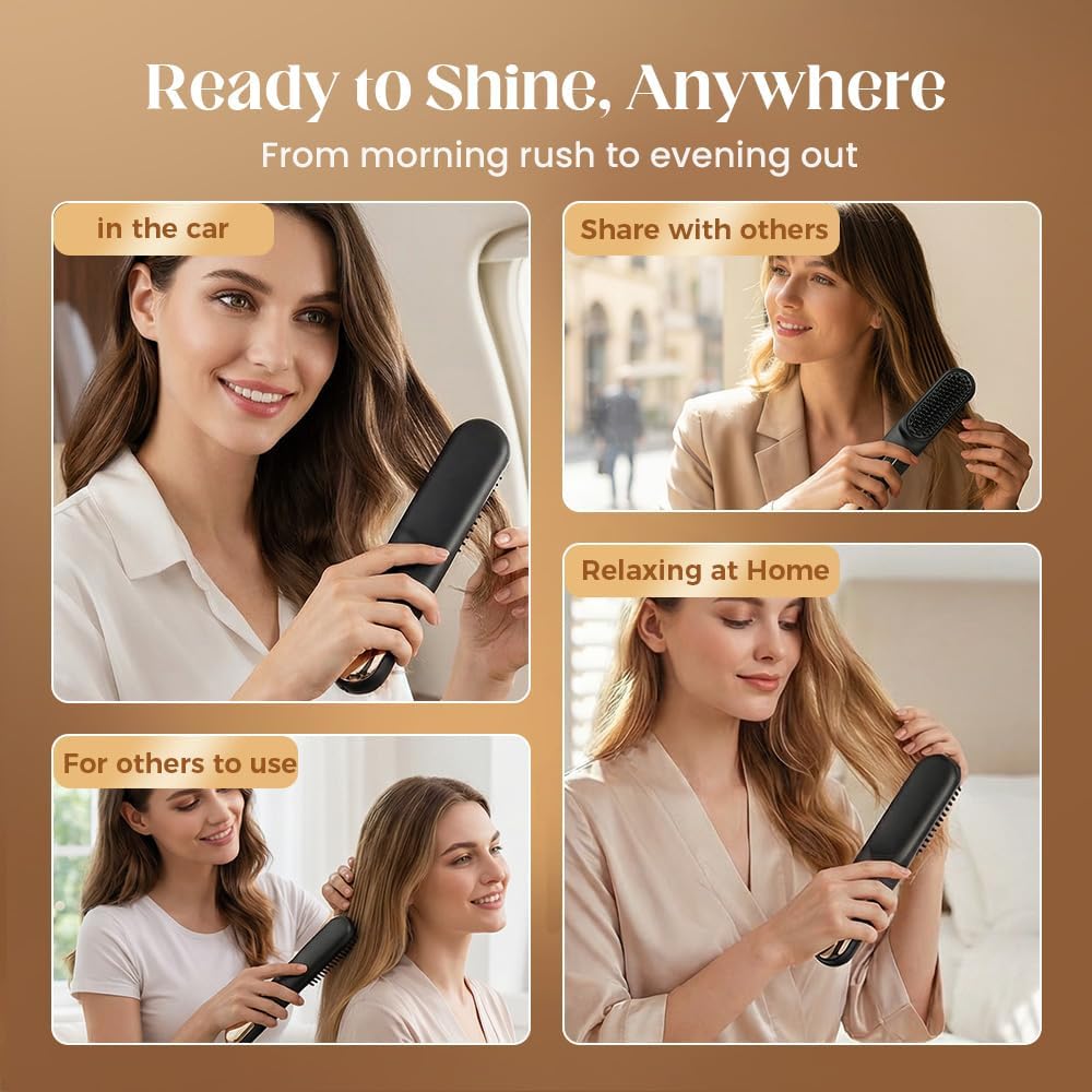2026 New Go Brush, Portable Hair Straightener Brush for Short Hair, Fast Heating Cordless Straightening Hair Comb for Travel, Mini Hair Brushs for Home Use (Black)