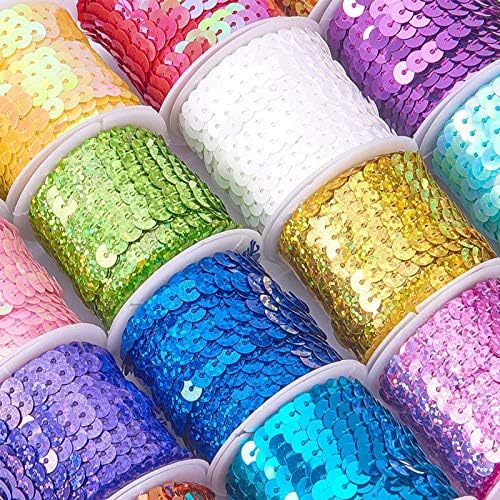 9 Rolls 4.5 m Sequin Paillette Trim String, 6mm Flat Sequin Trim, Plastic Paillette Beads Sequin Roll PVC Spangles for Jewellery Making, Ribbon Making, Costumes, Sewing and Embellishments