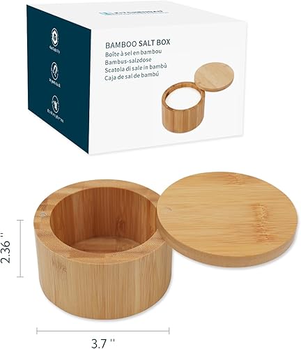 Miniatura 7 de KITCHENDAO Caja de cuenco de bambú para sal, elegante recipiente de sal de cocina con tapa magnética giratoria para almacenar pimienta, especias,