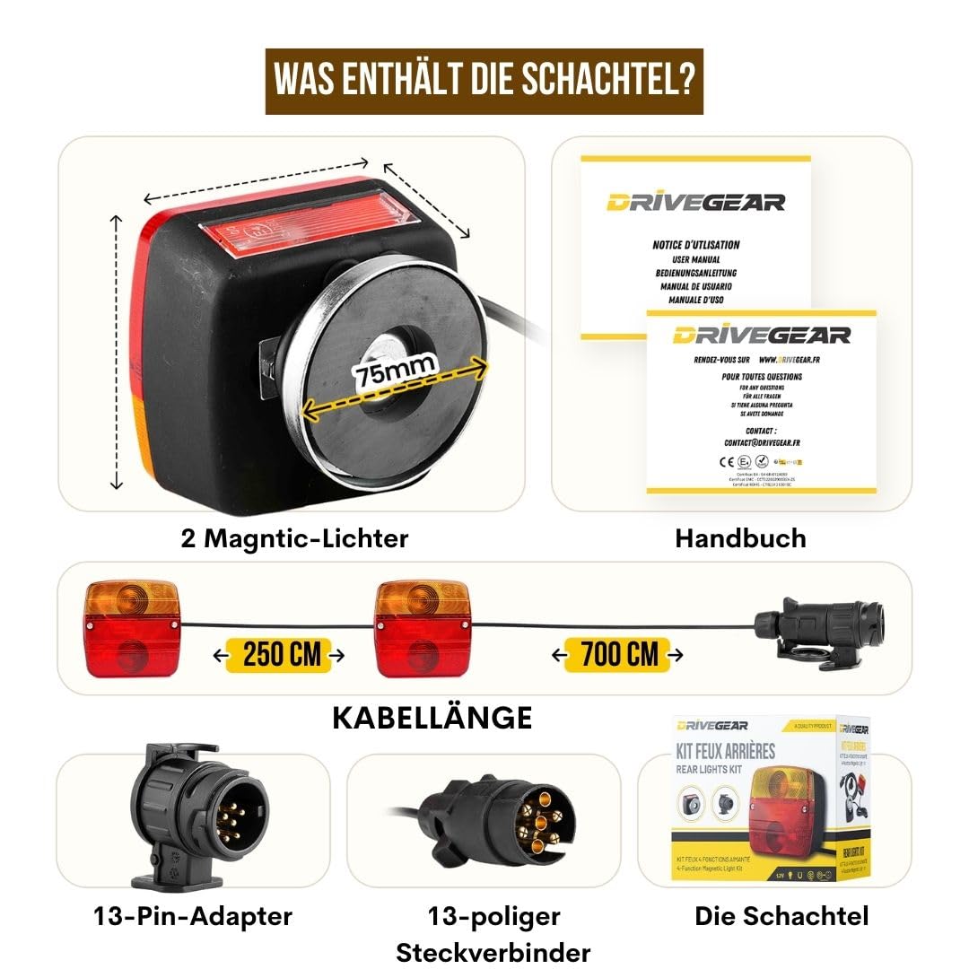 Anhänger Rückleuchten Set magnetisch – Rücklicht Anhänger 12 V Halogen – wasserdichte Anhängerbeleuchtung – 7 m Kabel & 13-auf-7-pol Adapter – Drivegear Komplettset