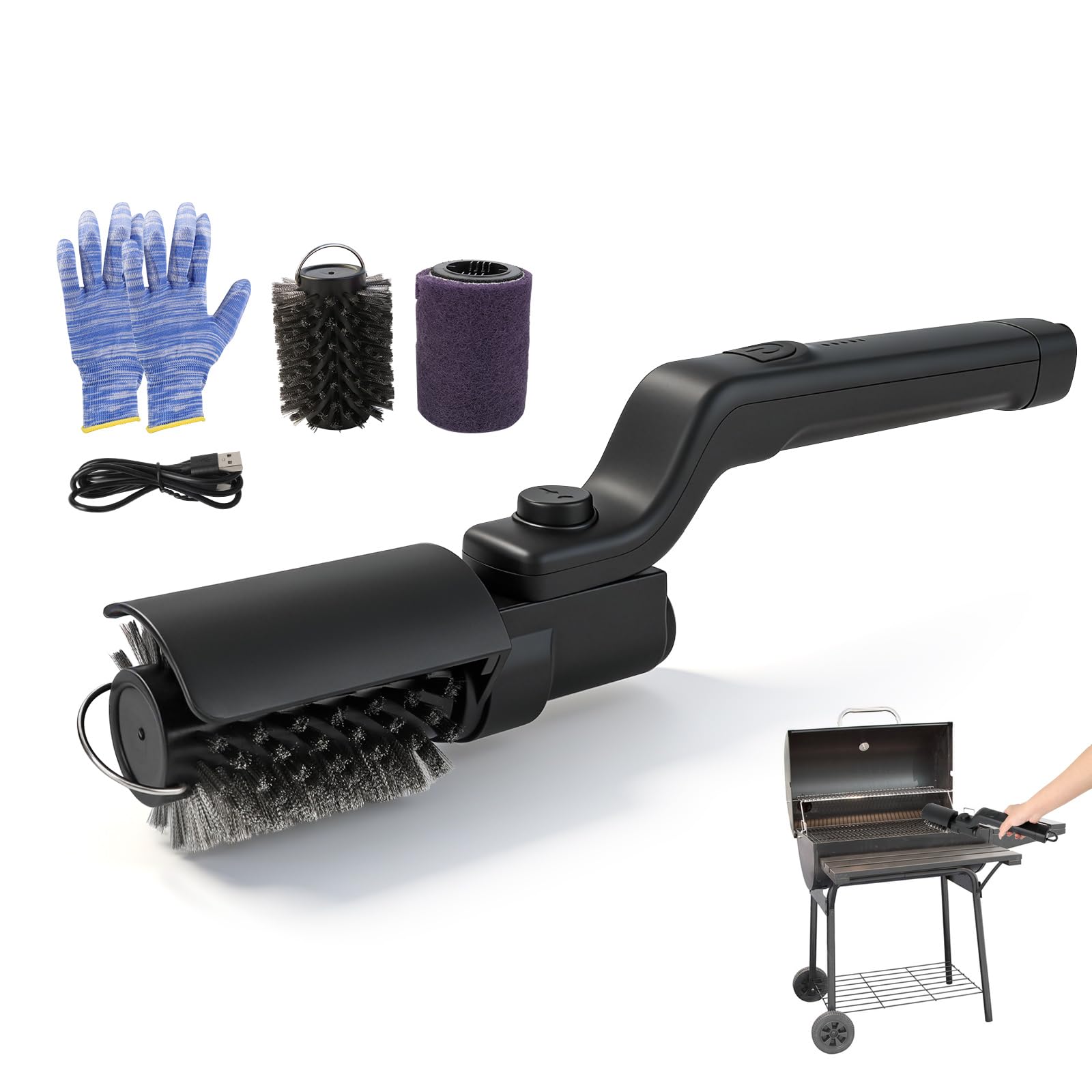 Electric Grill Brush, 180°Adjustable Stainless Steel BBQ Brush, 3-Speed Power Control, Cordless Rechargeable Grill Cleaning Brush with Extra Brushhead and gloves for BBQ Grates