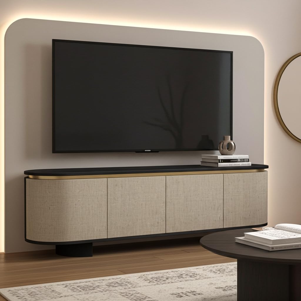 Natural Entertainment TV Unit with Storage | 4 Soft-Close Doors, Metallic Accent Detail, Cylindrical Legs, Engineered Wood Frame, 55cm Height-image-20
