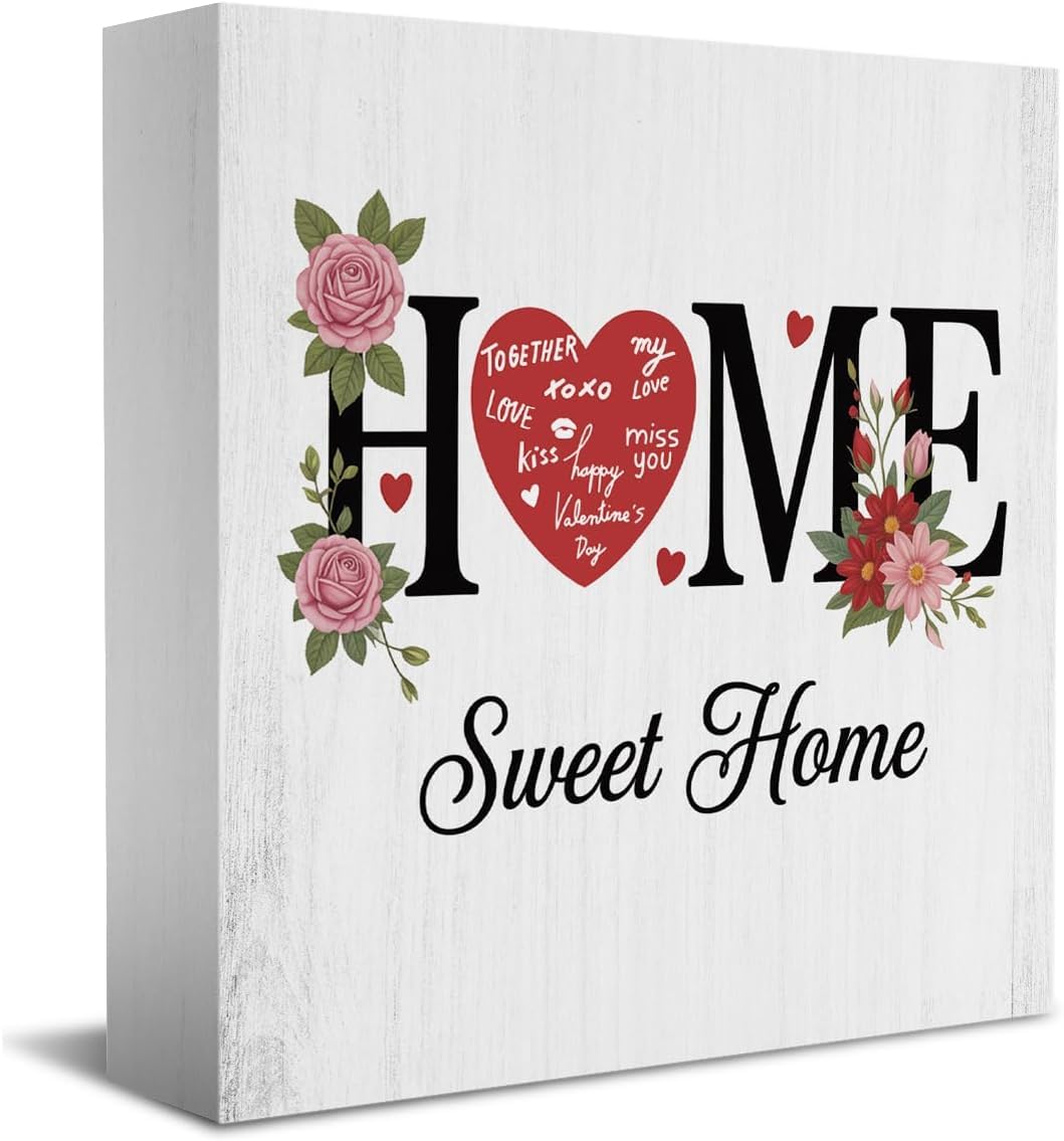 7x7 Inch Home Sweet Home Wooden Box Sign Floral Heart Decor