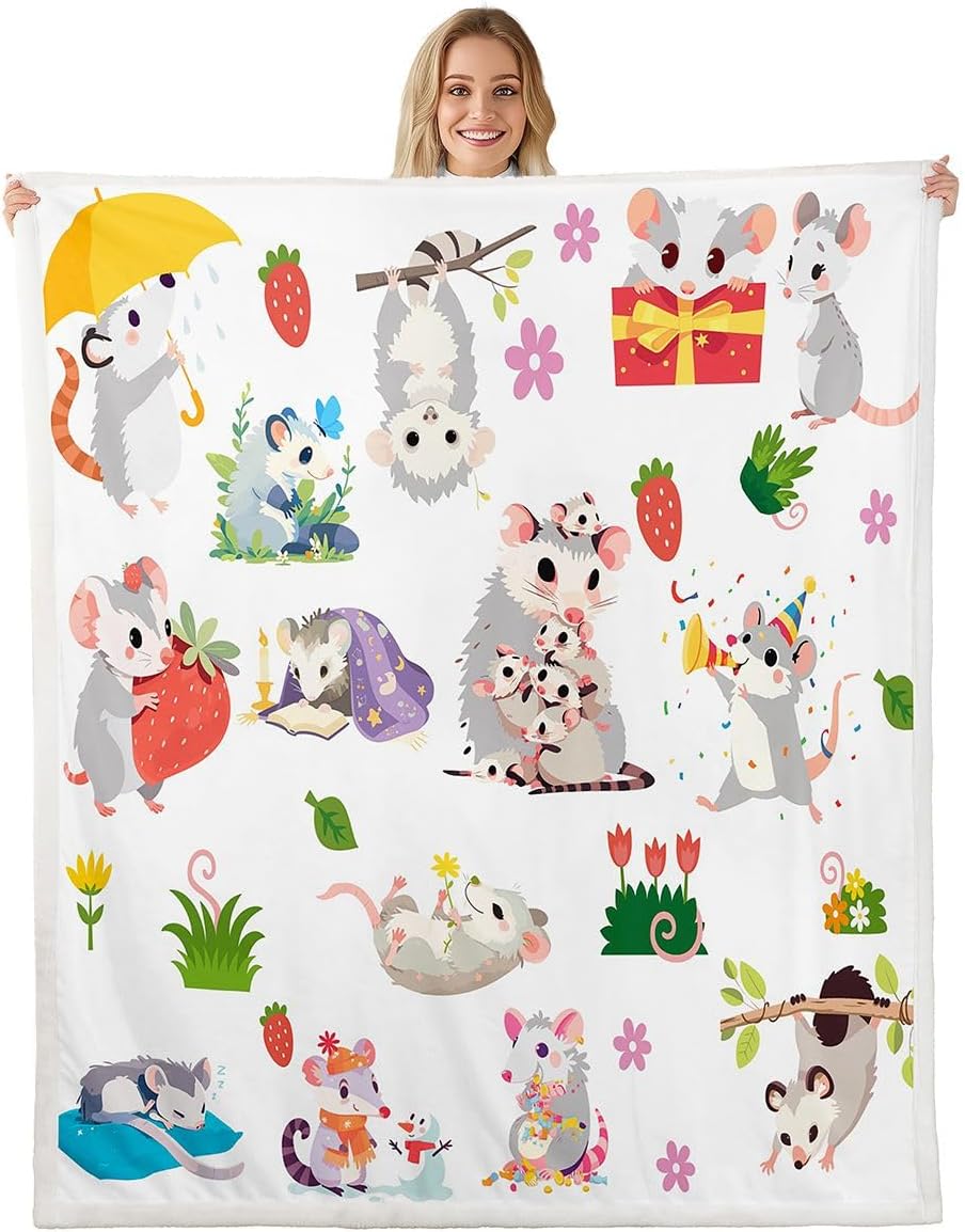 Feelyou Opossum Sherpa Throw Blanket Queen 90"x90" Kids Possum Gifts Plush Blanket for Boy Girls Possums Decor Fleece Throw Blanket Cartoon Possum Stuffed Animal Fuzzy Blanket Room Decor Plush Blanket