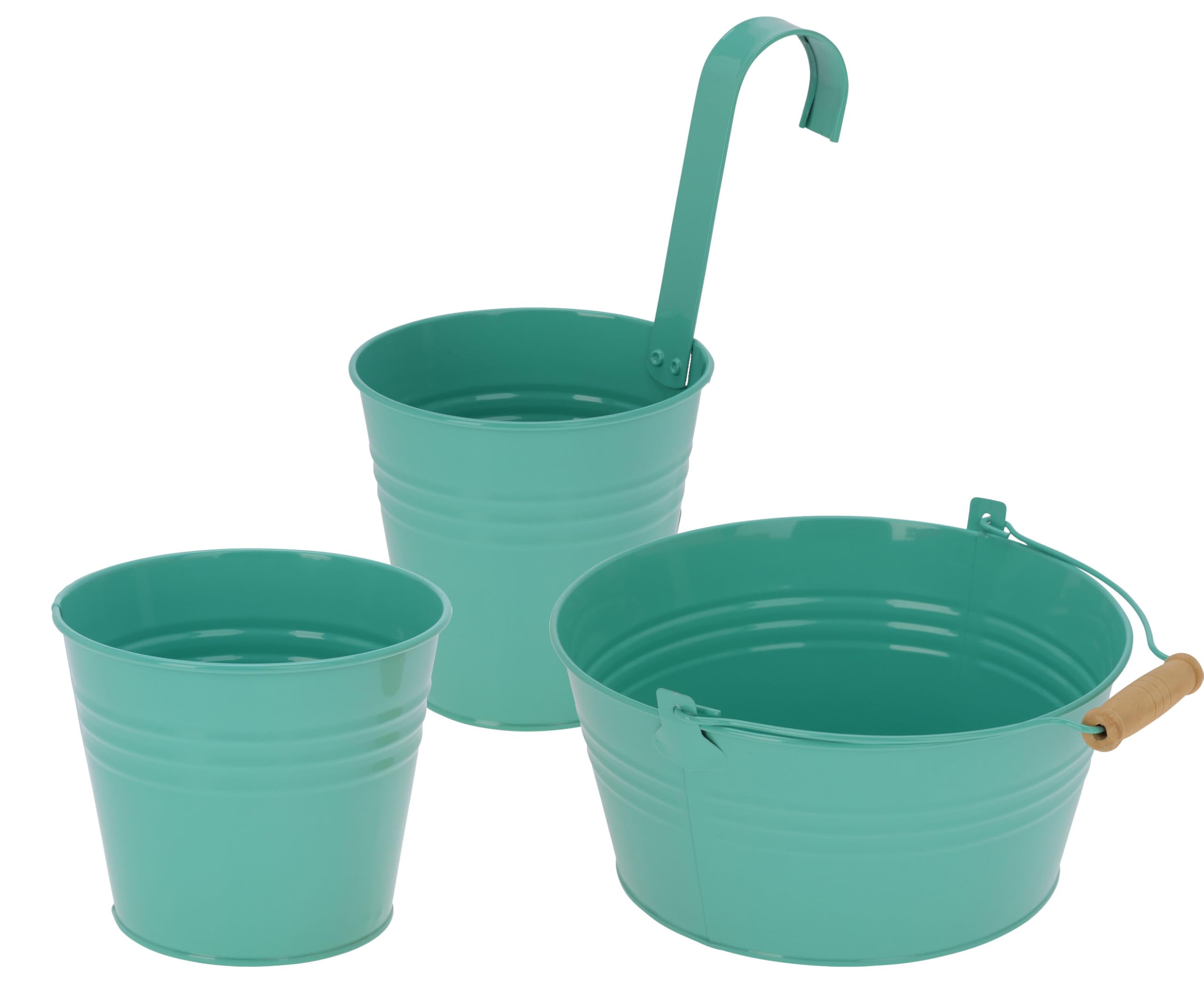 Muddy Hands Set of 3 Colourful Zinc Metal Plant Pots - Hanging, Pot & Bowl Planters - Decorative Indoor Outdoor Flower & Herb Garden Planters (Teal)