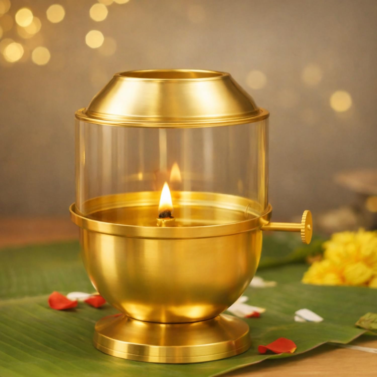 ServDharm Brass Akhand Diya for Puja with Adjustable Bati, Wick Adjustment Screw, & Borosilicate Glass Cover (Large, 250 ml: Oil Capacity, Long Lasting 48 Hours)-image-19