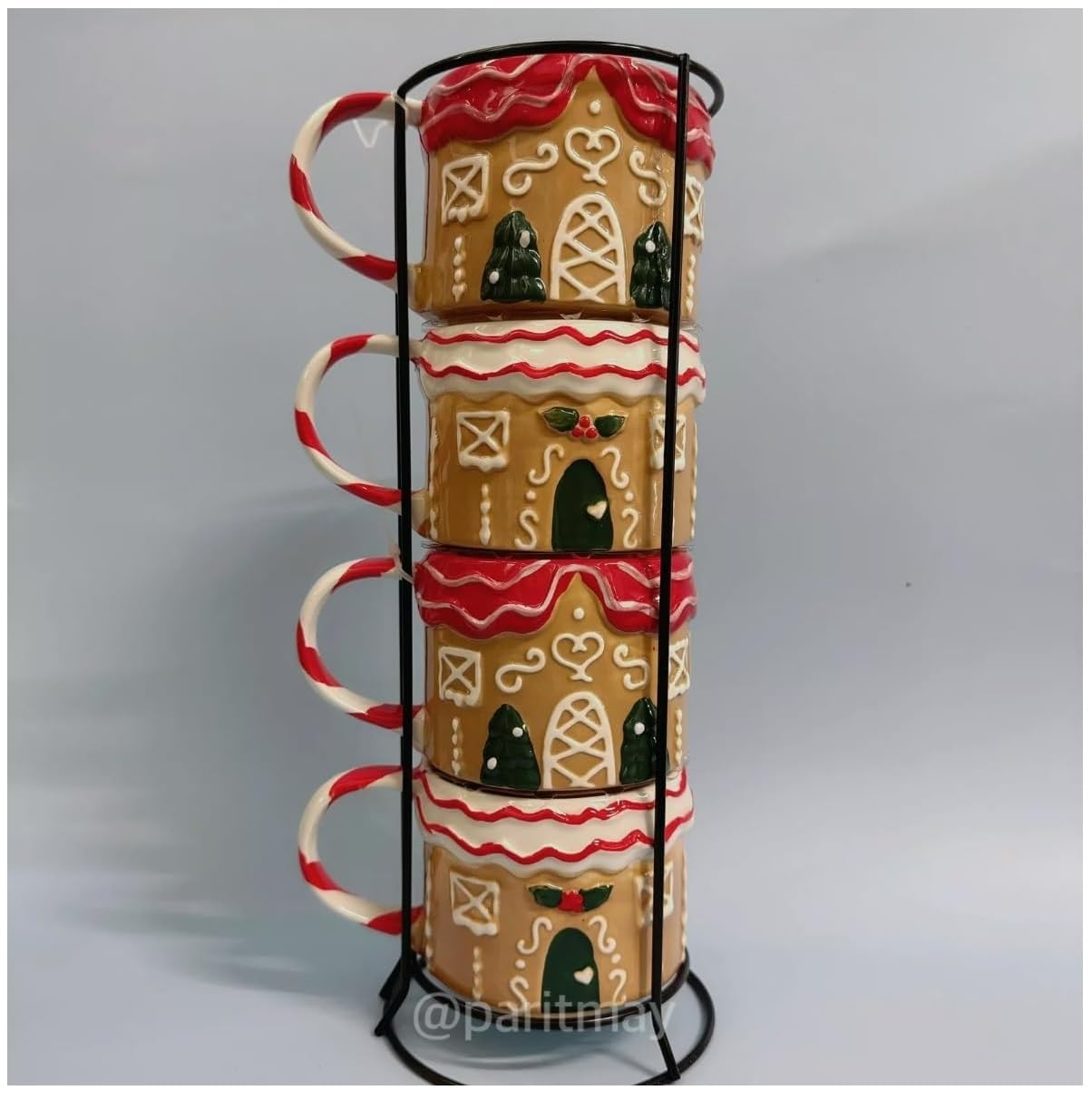 Way To Happiness Christmas Gingerbread 4-Piece 12.2-Oz Ceramic Stoneware Stackable Mug Set With Metal Rack