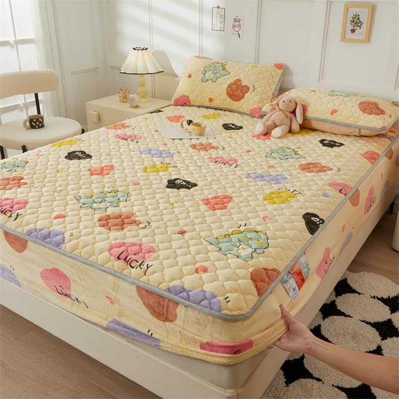 FCLDESHOP Mattress Encasement,Winter Warm Flannel Fitted Sheets, Cartoon Anime Print Deep Pocket Mattress Topper for Boys Girls Bedroom,Blue Grey,150x200cm (1pcs)