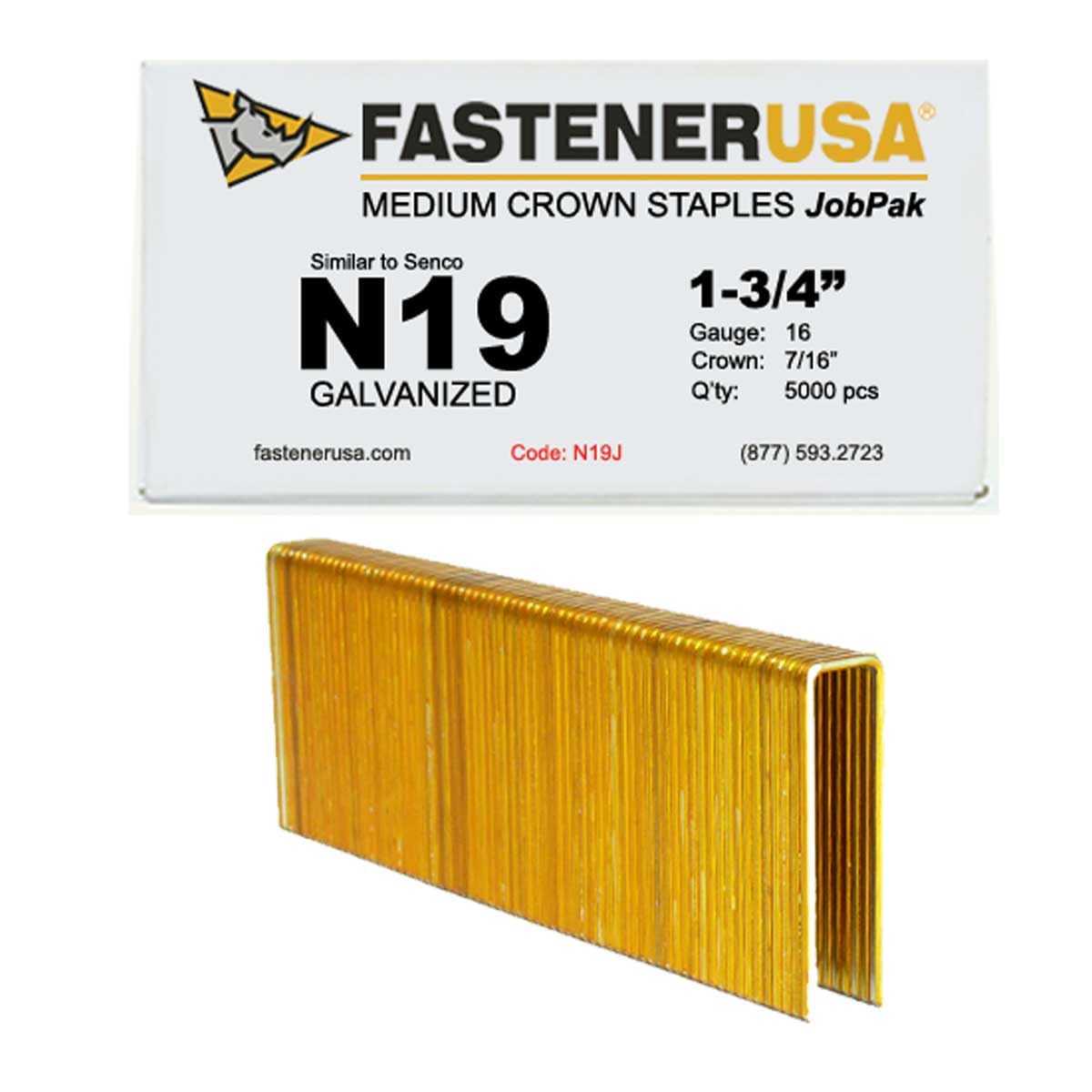 5,000-Pack N19 Medium Crown Staples - 16 Gauge, 1-3/4" Leg, 7/16" Crown For Senco & Similar Tools