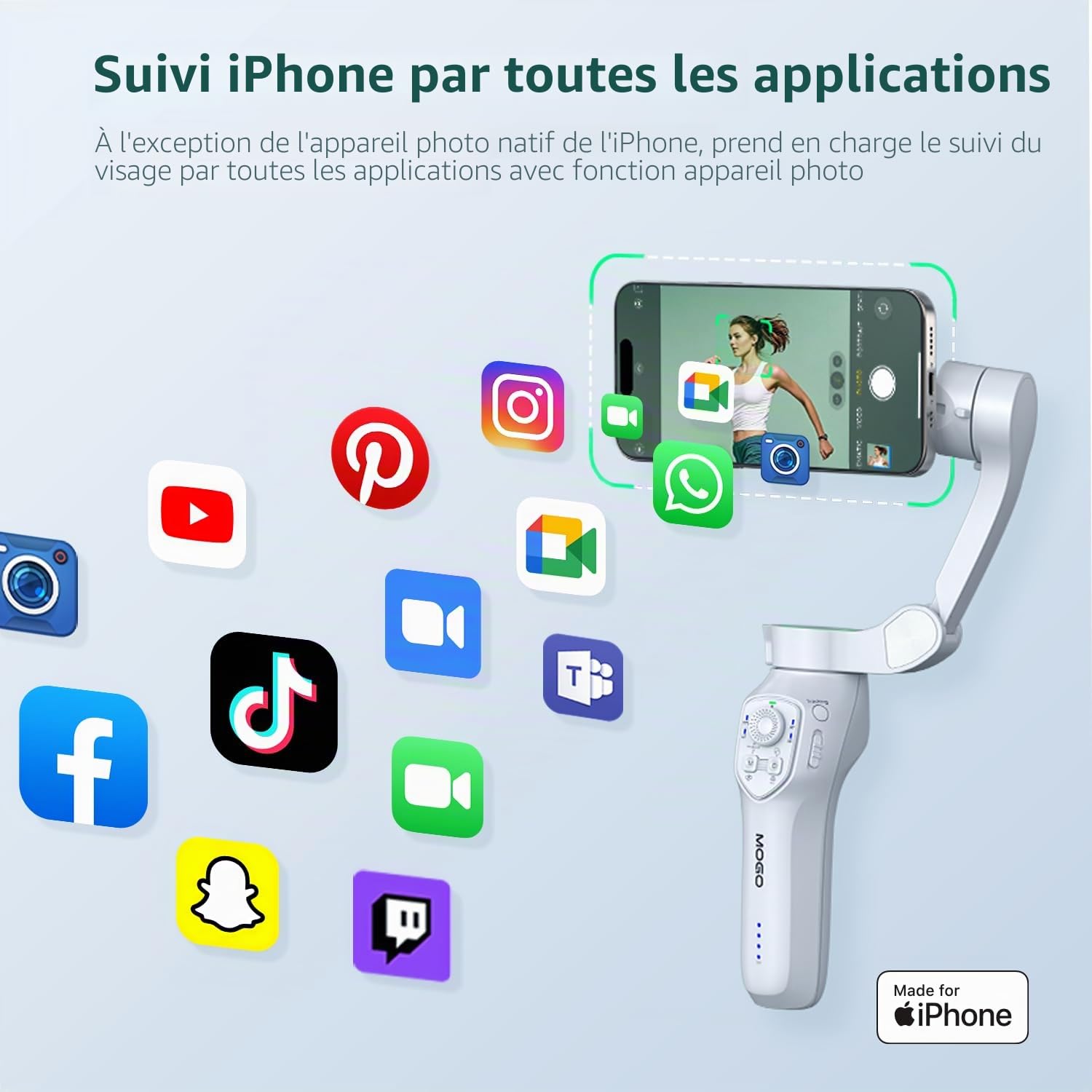 COMITOK MOGO Stabilisateur Gimbal [Certifié MFi] Spécialement pour iPhone Stabilisateur iPhone avec Suivi Visage Automatique Contrôle Apple Watch & Télécommande Vidéo sans Secousse Compatible iOS 26