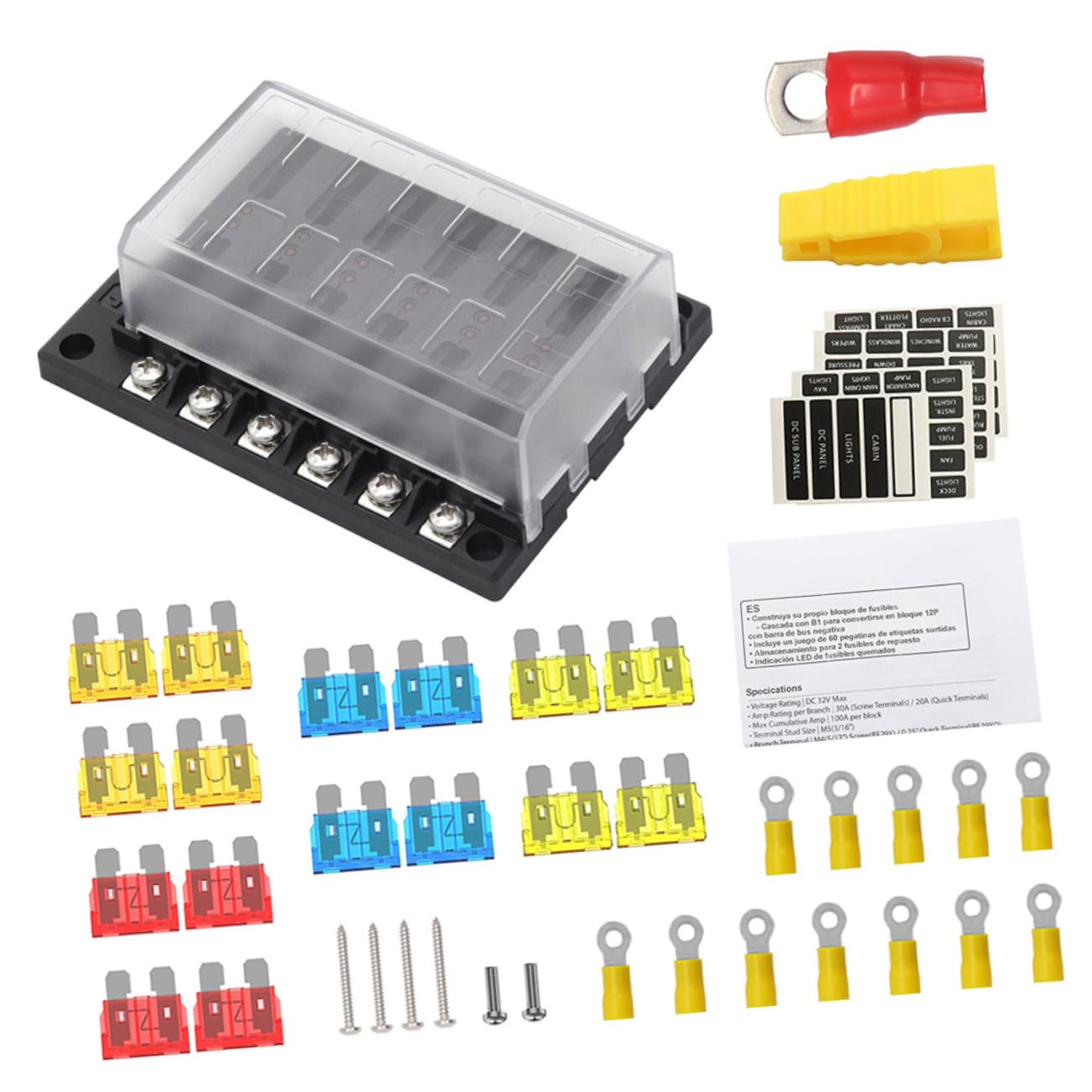 1set Vie Porta Fusibili Per Auto Scatola Fusibili Trasparente Con Led e Stickers Per Identificazione Organizzatore Per Camper Yacht e Veicoli Marini