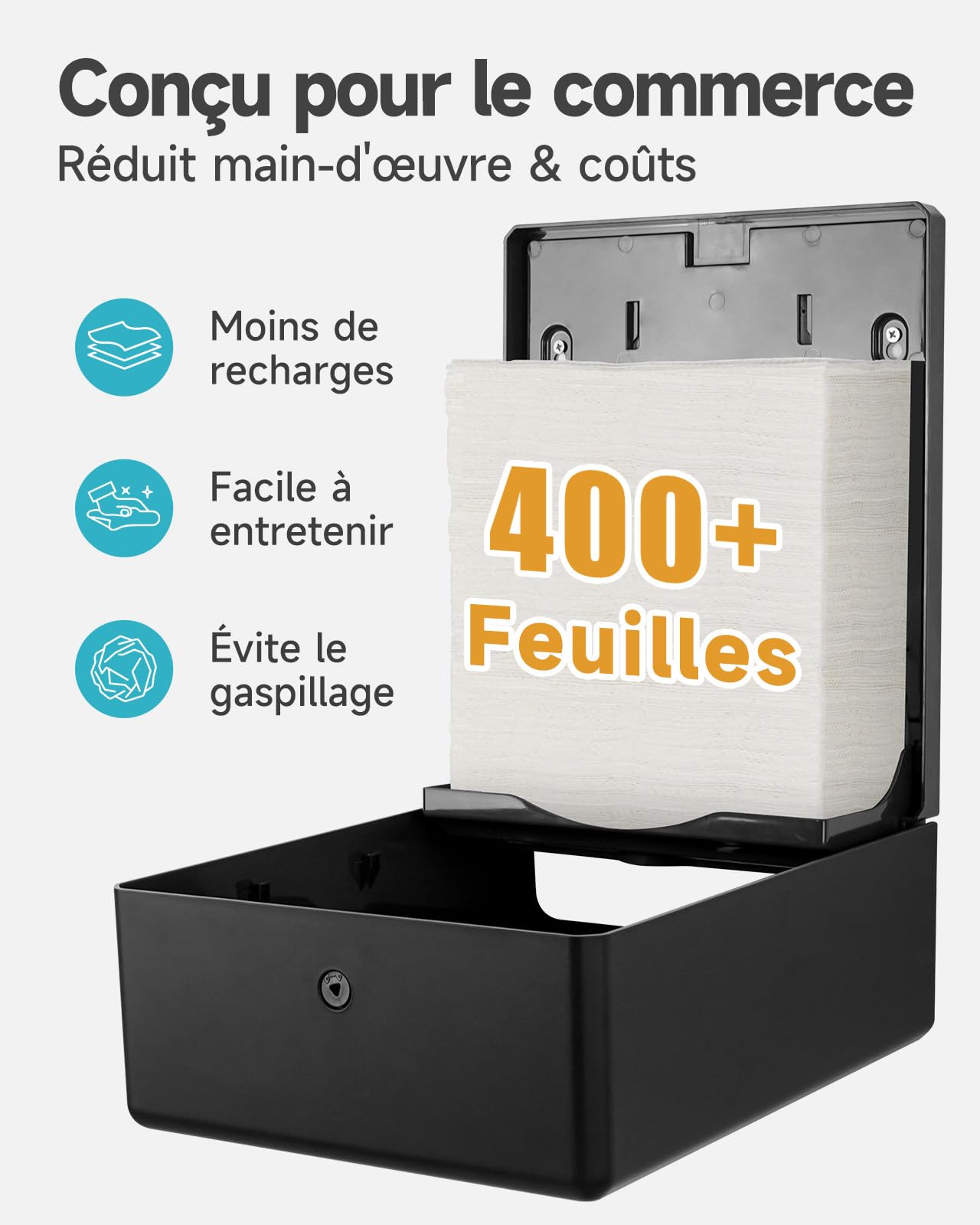 AIKE Distributeur De Serviettes en Papier Élargi, 400-Feuilles Mural pour H2, H3, Plié Z/V/C & Multifold (Taille ≤25,2 * 11,5cm), AK5302H