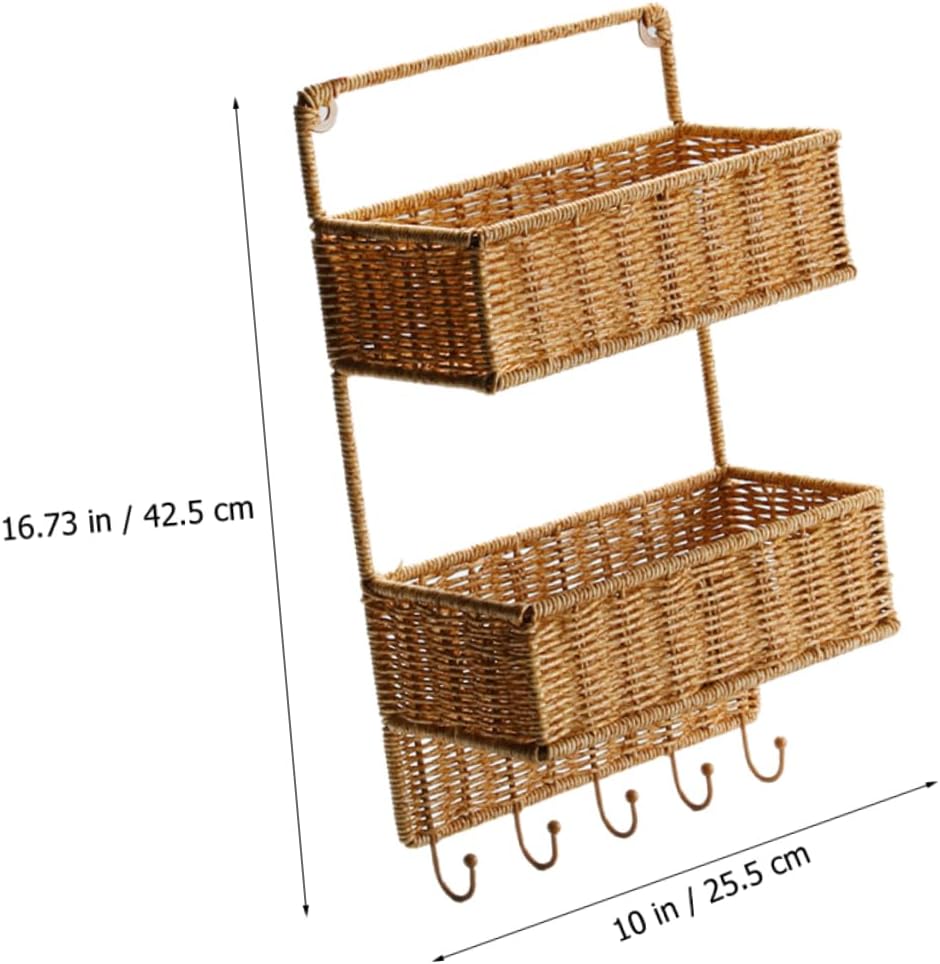 NOLITOY Woven Rattan Fruit Basket Multi-layer Wall Mount Shelf Drill Kitchen Bathroom Storage Hooks 2 Tier for Kitchen