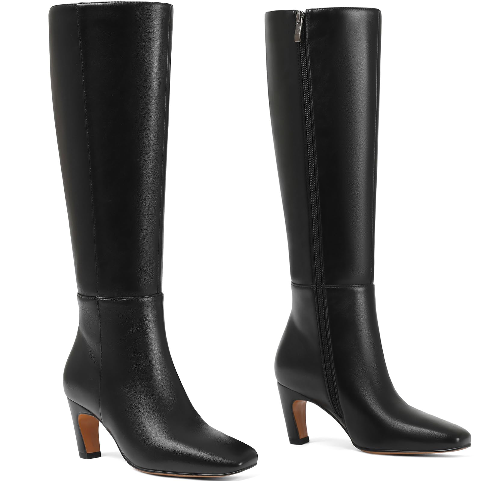 Kitten Heel Knee High Boots Women Square Toe Long Tall Boots Faux Leather Low Heel Boot Fashion Dress