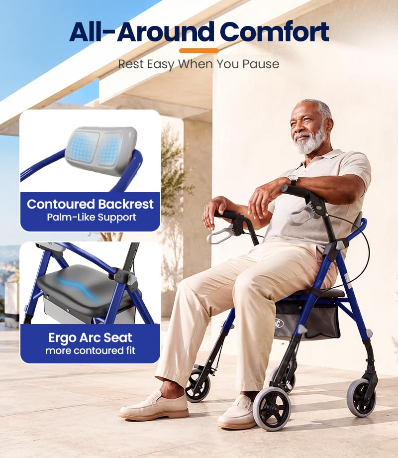 Image of VOCIC Z11 Rollator Walkers for Seniors with Seat, 500 LBS Load, Ultra Wide | High-capacity support, 23 inch wide frame, ergonomic seat, dual brakes, and slim fold for home, shopping & daily walks, Blue