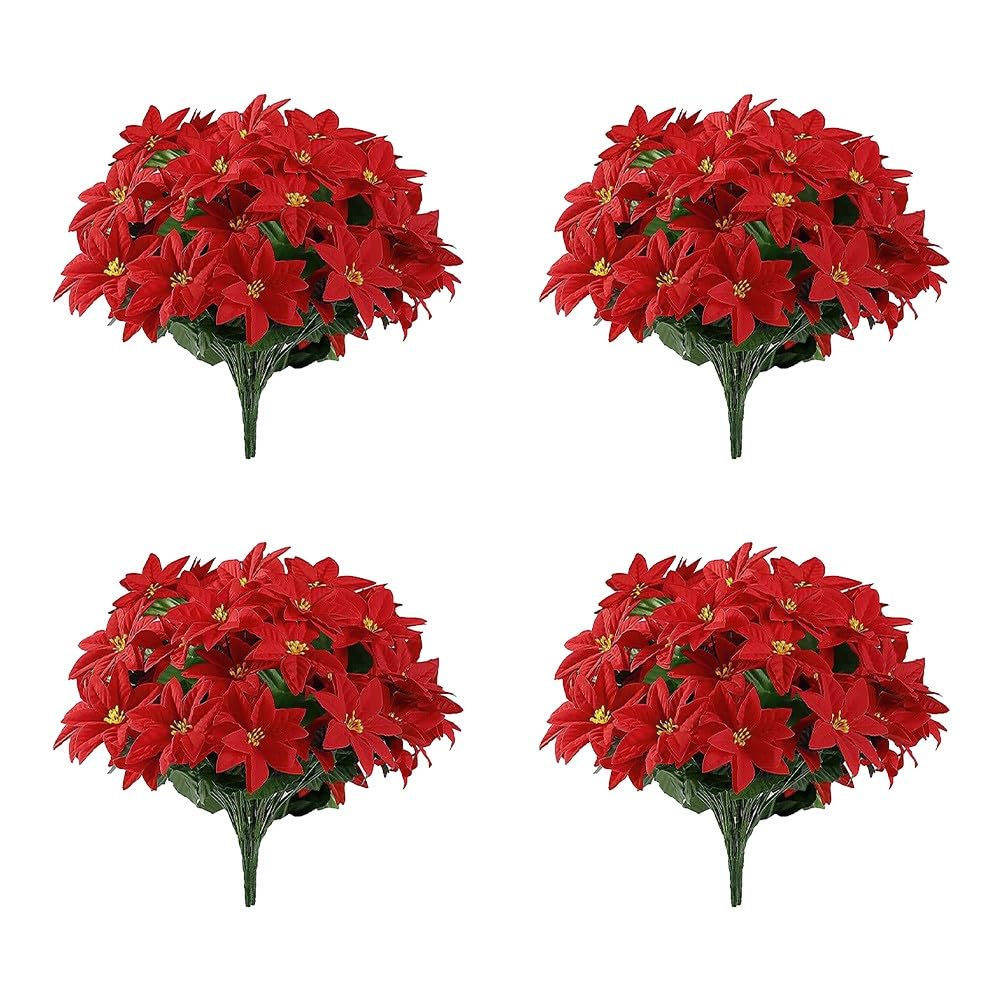 FACAIIO Juego de 4 flores rojas de Navidad de 36 cm, flor de Pascua artificial para interiores y exteriores, porche, jardín, decoración de vacaciones