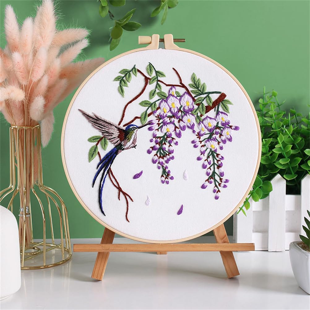 Meecaa Purple Flower Bird Hummingbird Embroidery Kit Starter Set, Hand Embroidery Set,Pattern Printed Cross Stitch Set For Beginner Adults, With Embroidery Hoop And Instructions (Purple)
