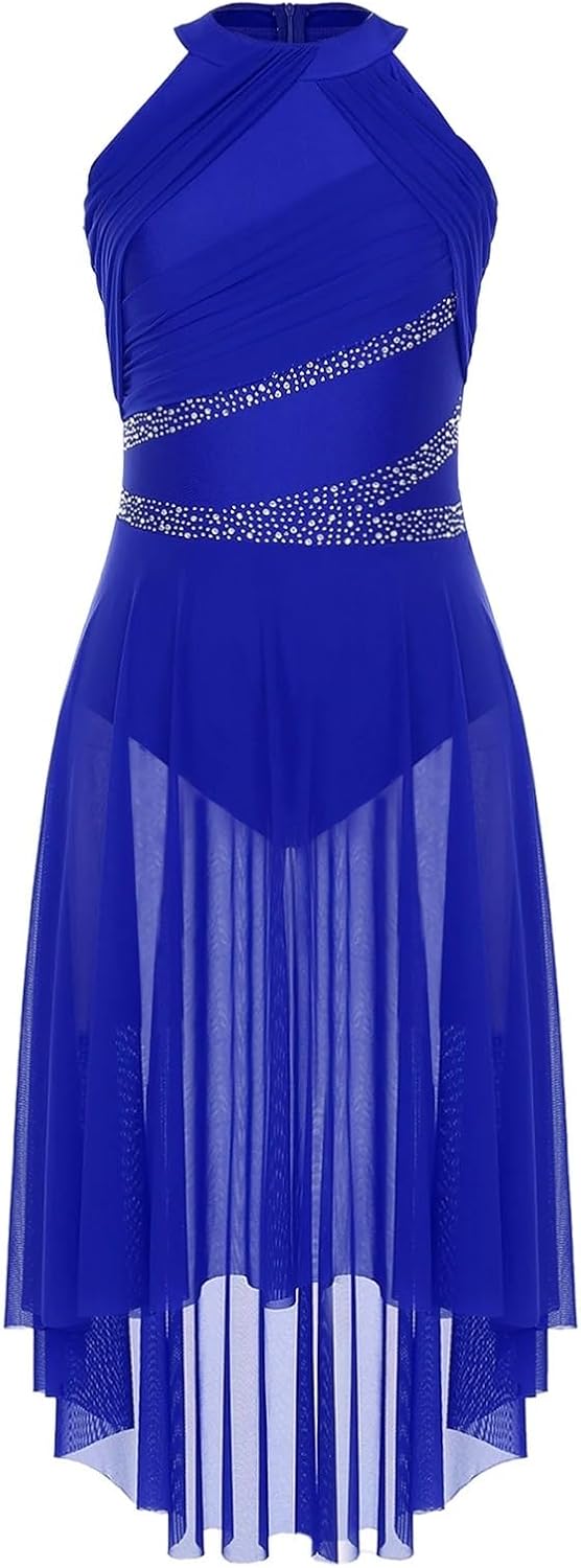 Womens Modern Lyrical Dance Dress High-Low Tulle Rhinestone Ballet Gymnastics Leotards Figure Skating Performance Costume