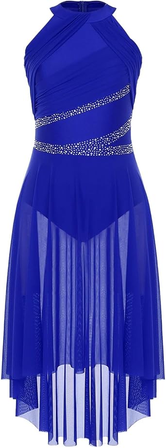 Womens Modern Lyrical Dance Dress High-Low Tulle Rhinestone Ballet Gymnastics Leotards Figure Skating Performance Costume