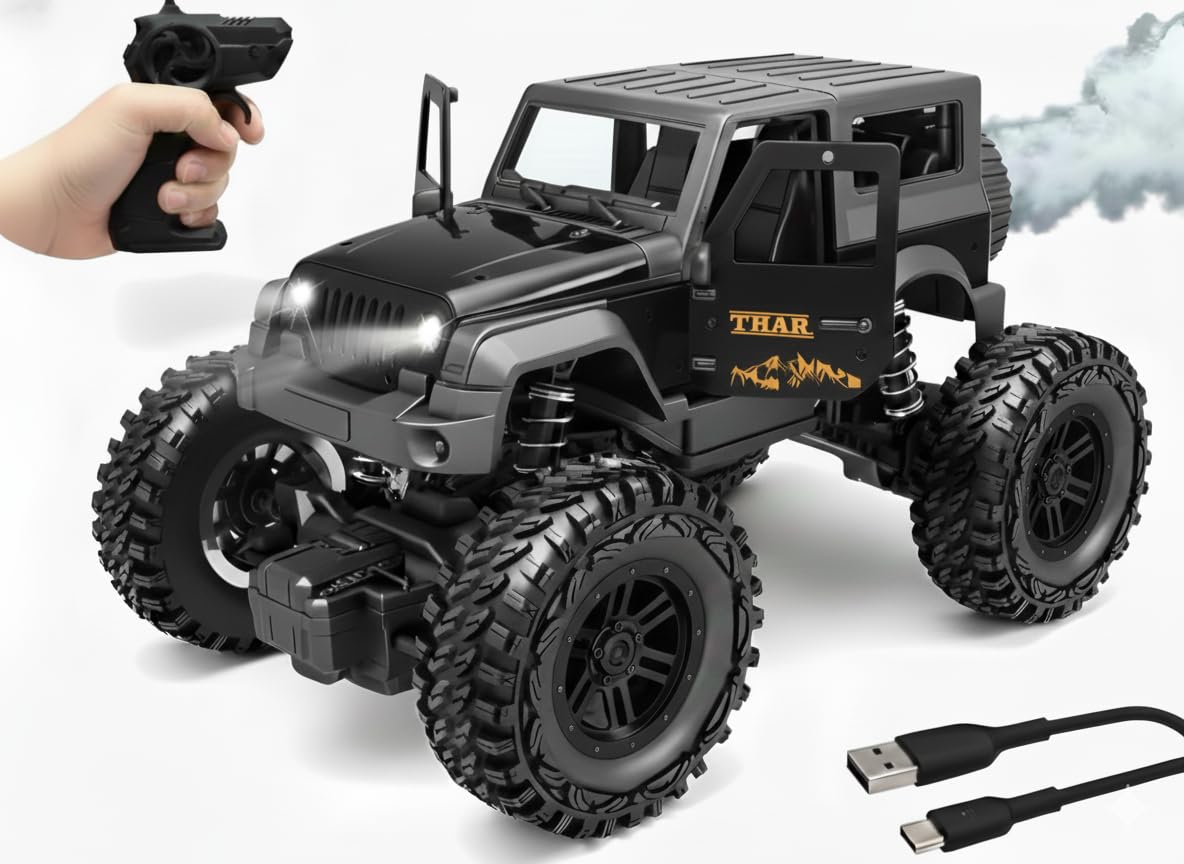 TEC TAVAKKAL Remote Control Off Road Rock Climbing Car for Kids, Rechargeable Thar Toy with Mist Spray, Openable Doors, Front LED, Shock Absorbers, 2WD, Mobile Connect, USB-C Port & 75ft Range (Black)-image-15