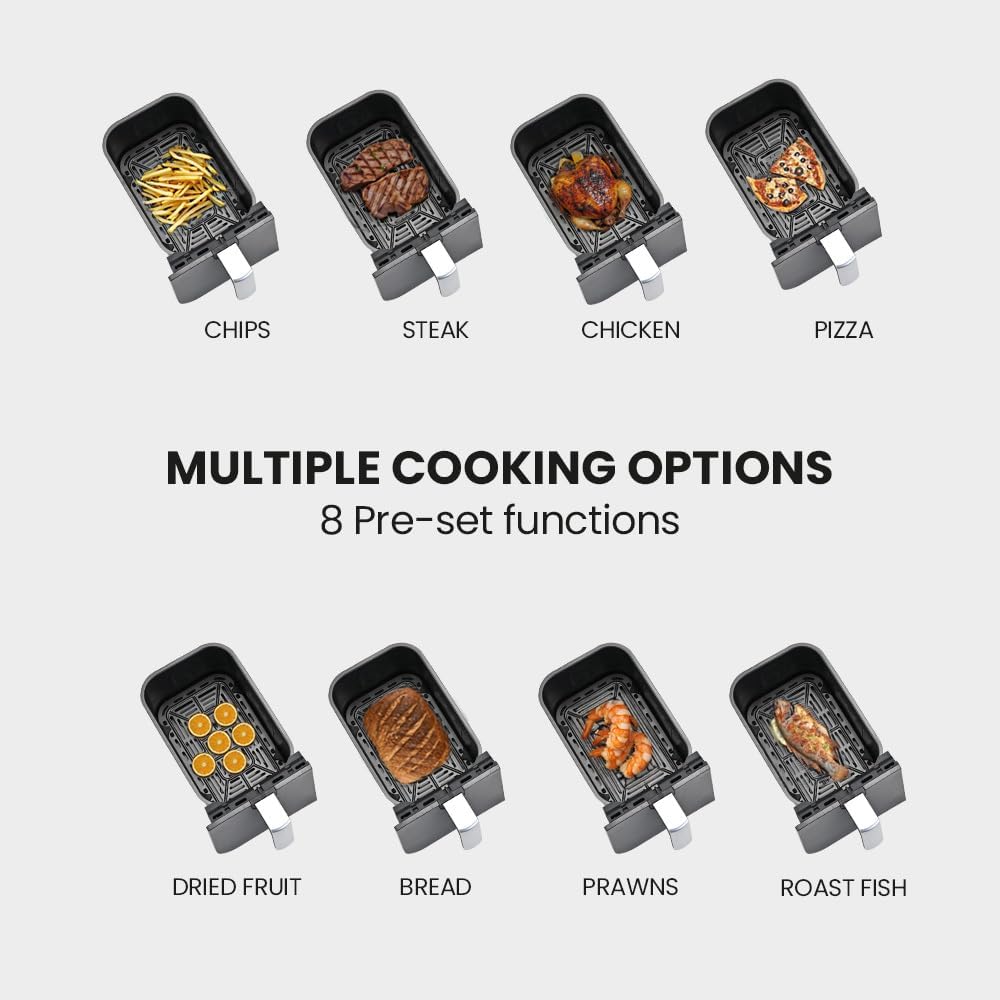 Diagram showing 8 pre-set cooking options for the air fryer, including chips, steak, chicken, pizza, dried fruit, bread, prawns, and roast fish.