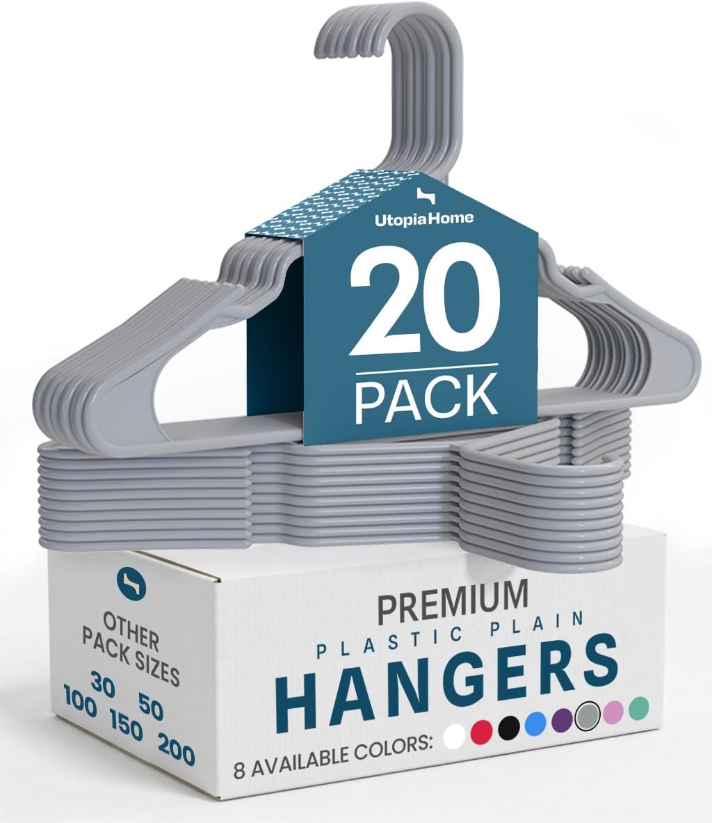 Utopia Home 20 Pack Plastic Hangers Space Saving, Durable Hanger with Shoulder Grooves, Grey