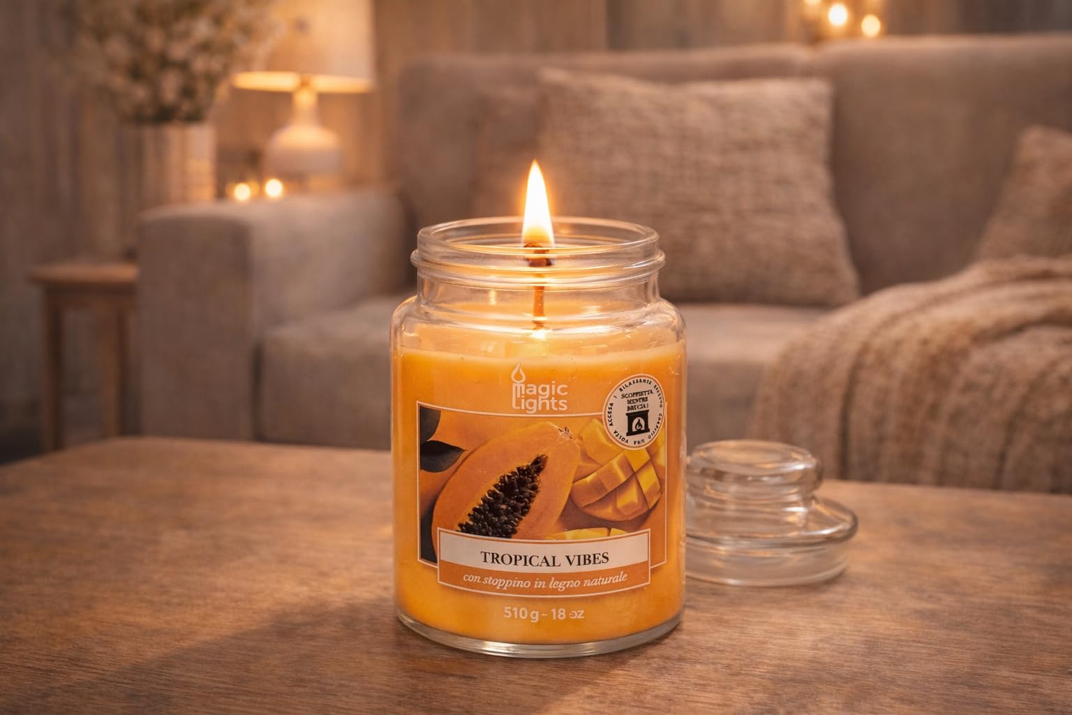 Świeca słoika 510 g Tropical Vibes - Papaya - Mango z woskiem roślinnym min. 75% - naturalny knot drewniany, wyprodukowany we Włoszech