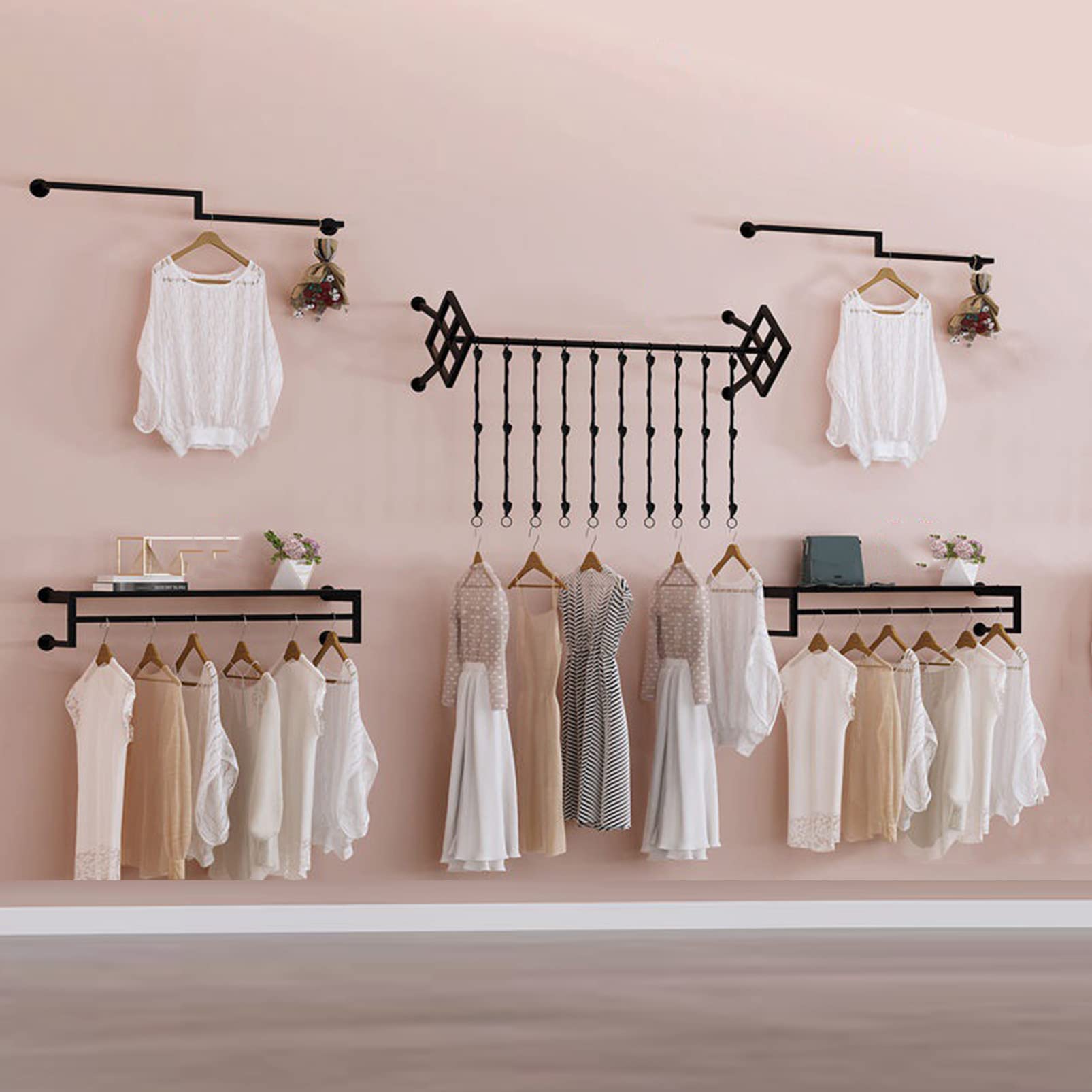 YNBSHGAA Clothes Rack Industrial Shelving Garment Rack, Retail Display Wall Mounted Storage Clothes Hanging Shelf Combination, Open Cloakroom Hanging Rack Heavy Duty Closet Rod, M,100cm