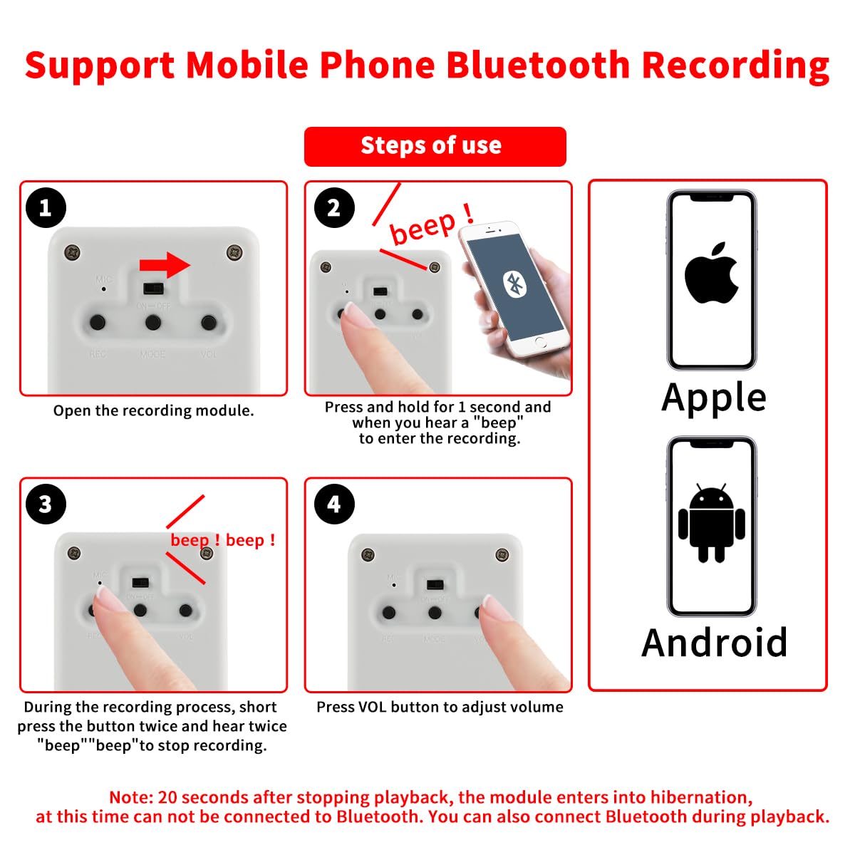 Diktiergerät, Unterstützt Bluetooth- und Mikrofonaufnahmen, 16 MB Soundmodul mit Lautsprecher, 16 Minuten einfache Sprachaufzeichnung für personalisierte Begrüßungen, DIY-Projekte,Bastelarbeiten usw.