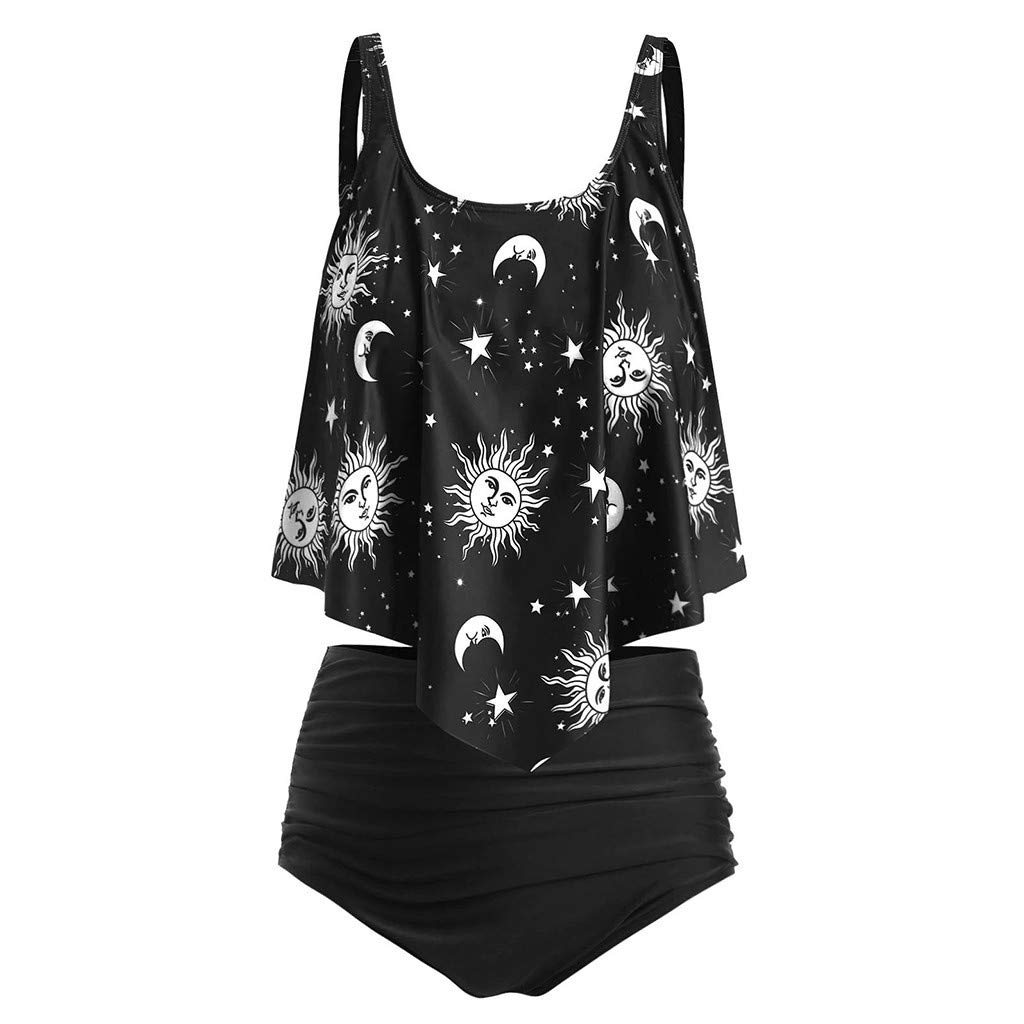 JMSUNWomen's Two Piece Tankini Moon Print Ruffle High Waisted Tankini Set Swimsuit Oversized Bathing Suit