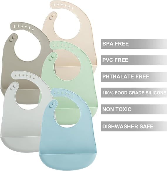 PandaEar 5 Pack Waterproof Silicone Baby Bibs| Super Thin Light Weight Feeding Bib with Food Catcher Pocket for Toddler