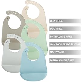 PandaEar 5 Pack Waterproof Silicone Baby Bibs| Super Thin Light Weight Feeding Bib with Food Catcher Pocket for Toddler (5)