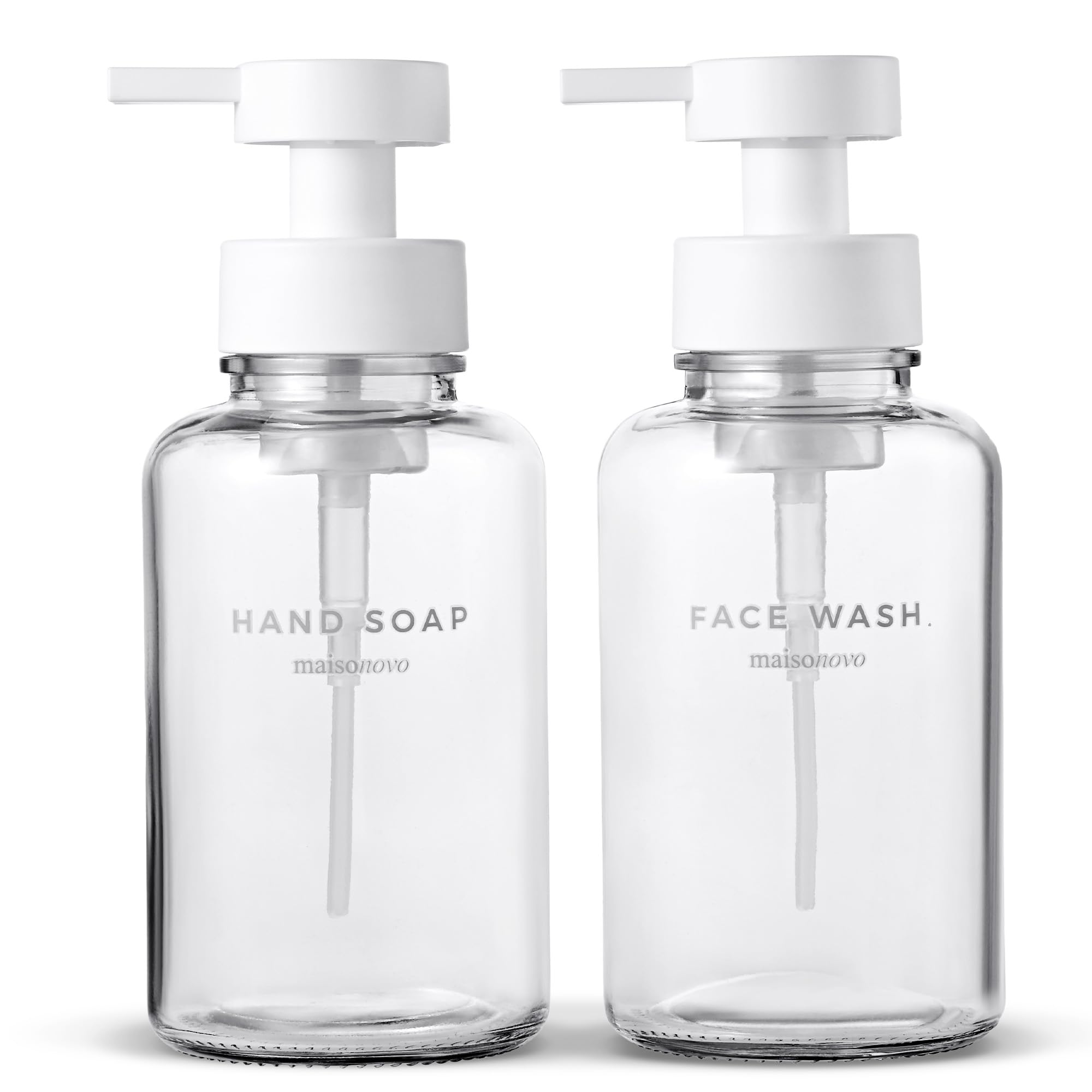 MaisoNovo Glass Foaming Soap Dispenser Set of 2-400 ml Clear Glass Foaming Hand Wash Dispenser White Pump x 2, Waterproof Labels
