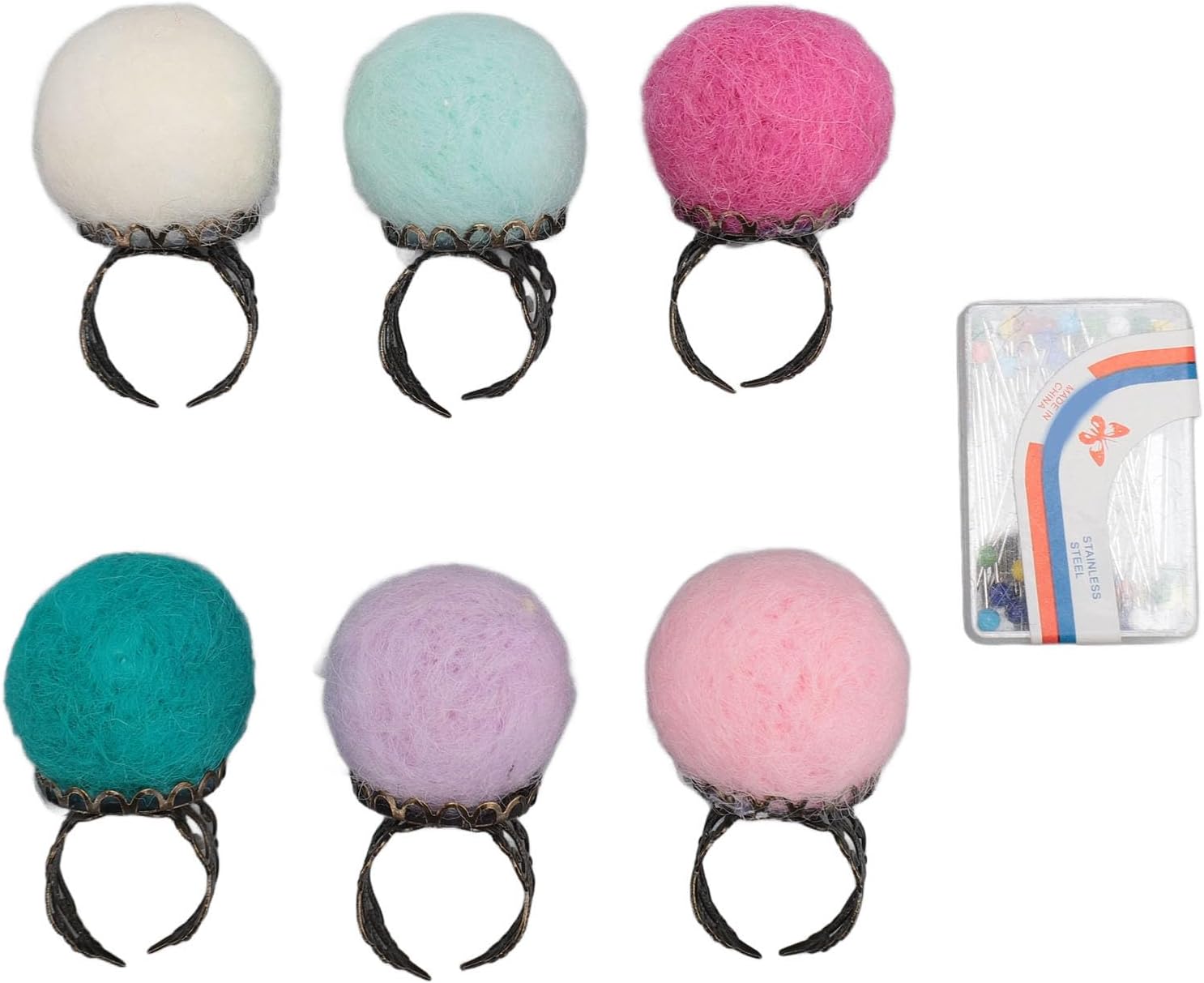 Felt Pin Cushion Rings Vintage Lightweight Finger Pin Cushions for DIY Crafts Quilting Sewing Projects Wool Felt Stainless Steel 6pcs Set (Light Colors)