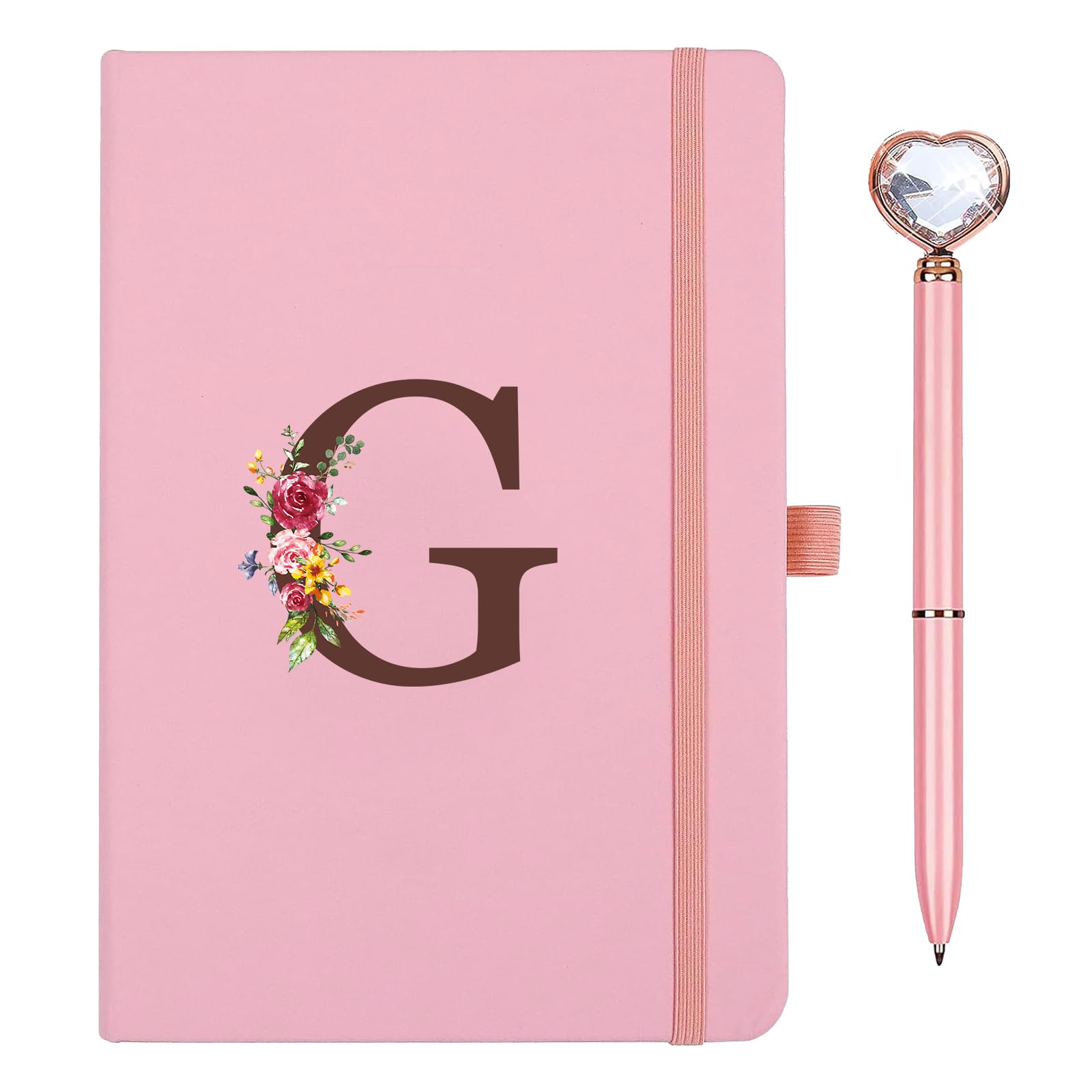 Personalised A5 Notebook with Initials, PU Leather Journal with Pen, Pen Loop, 200 Pages, Diary for Adults, Girlfriend, Girls, Women, Birthday, Graduation, Gift, Mother's Day Gift (G)