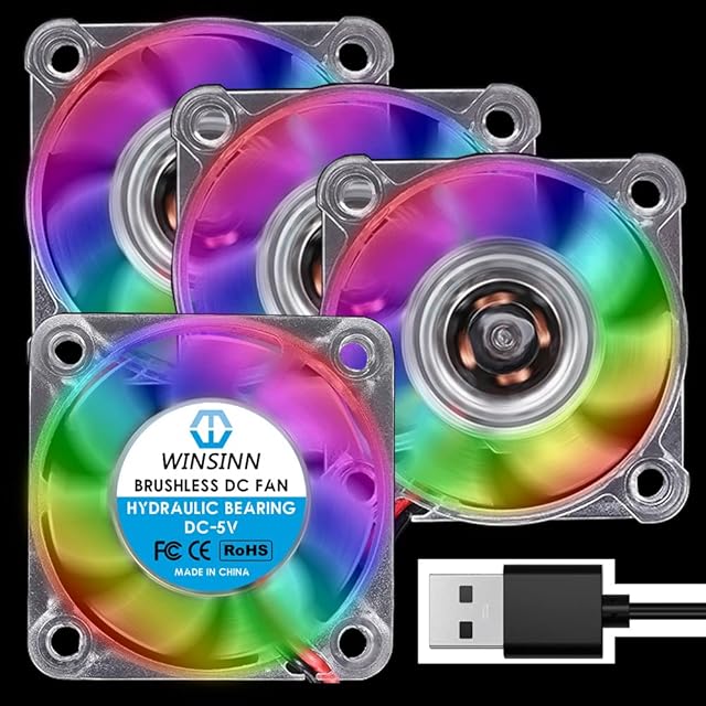 WINSINN 40mm Color LED USB Fan 5V Hydraulic Bearing Brushless 4010 40x10mm - High Speed (Pack of 4Pcs)