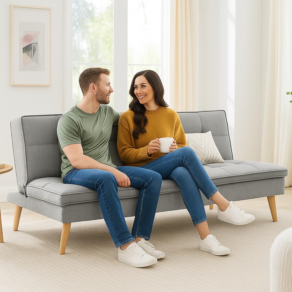 BAKAJI Divano Letto Reclinabile Clic Clac 3 Posti Reclinabile, Rivestimento in Tessuto, Seduta Imbottita ad Alta Densità e Ergonomica, Gambe in Legno, Apertura e Chiusura Facilitata (Grigio)