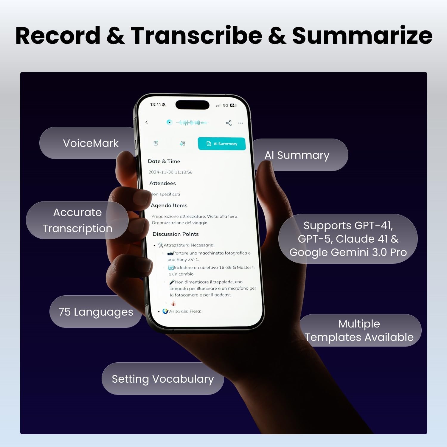 Smartphone screen showing HiNotes app with AI summary, accurate transcription, and 75 language support.