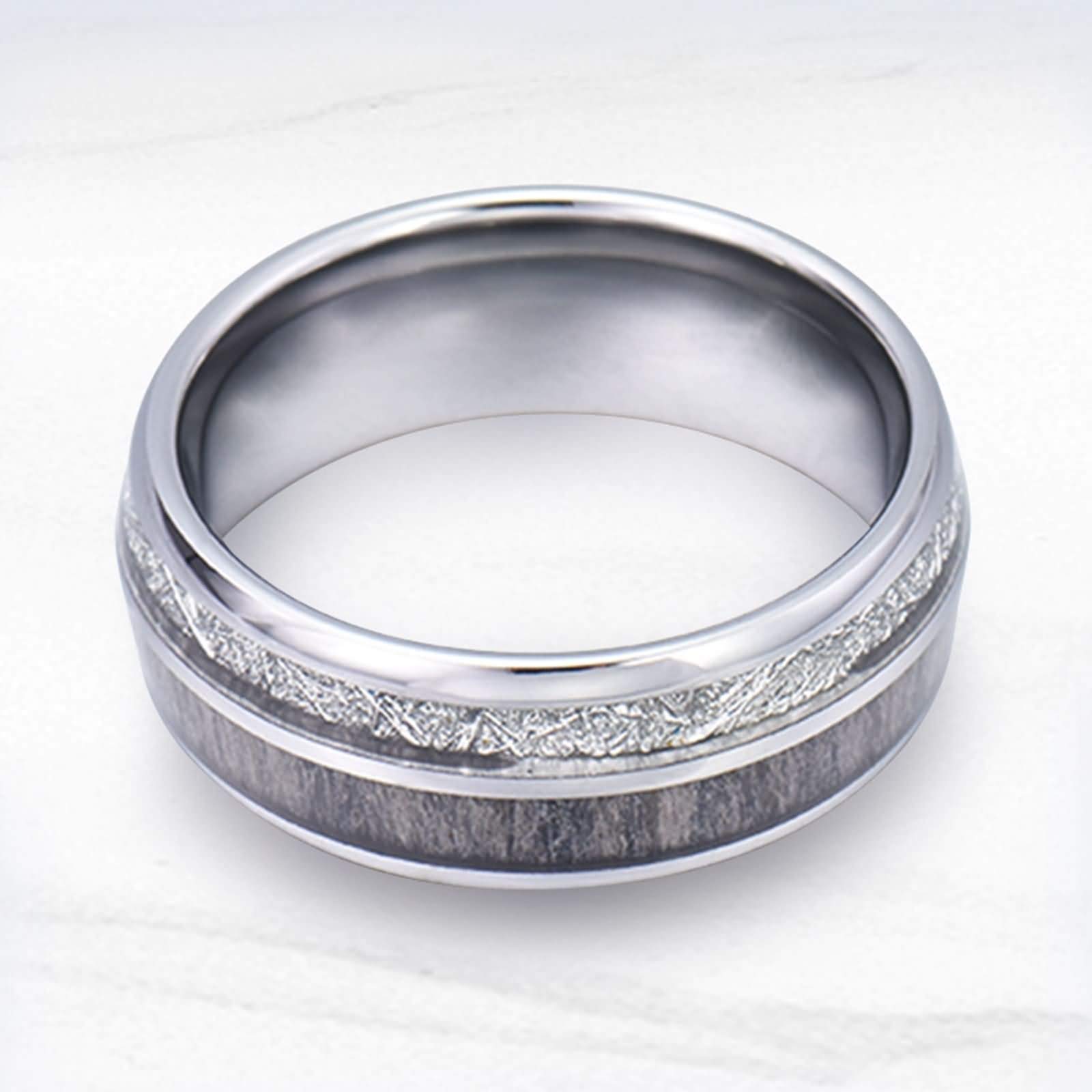 Anello Carburo di Tungsteno Uomo Fede Nuziale Anello di Fidanzamento Intarsio di Legno e Meteorite Anello Uomo con Incisione Personalizzata 8MM Anello in Tungsteno Argento Misura 12-31