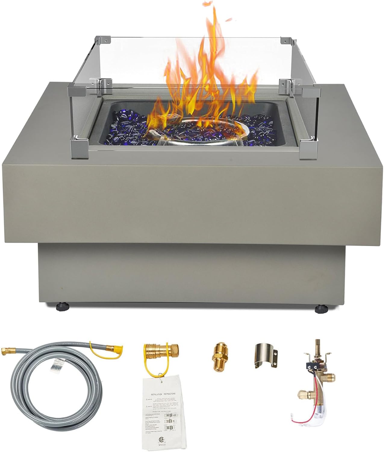 32-inch Outdoor Gas Fire Pit Table with Natural Gas Conversion Kit, 50,000BTU Propane Gas Fire Pits for Outside Patio w/Round Burner Lid, Glass Rocks, Cover