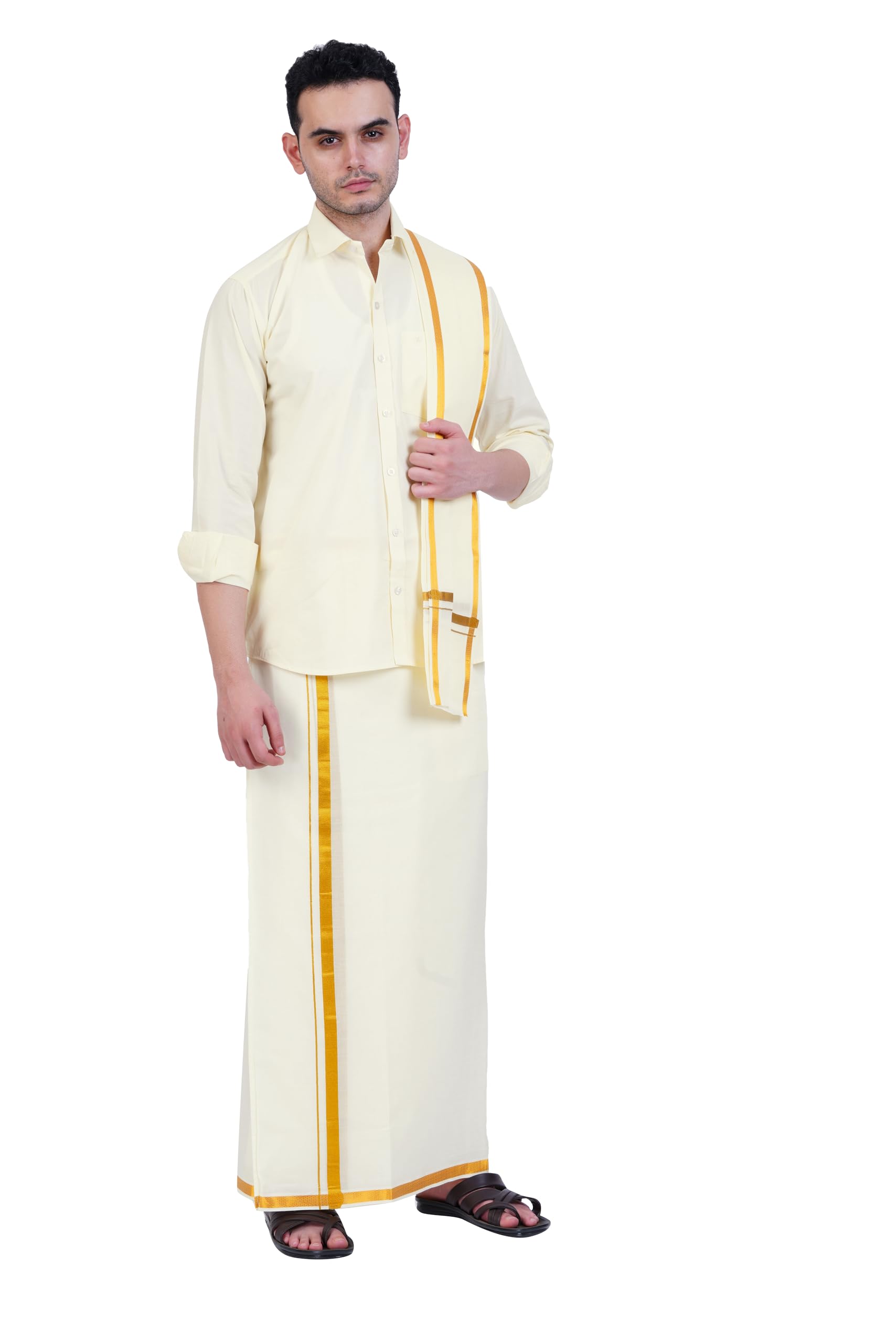 Prakasam Cotton Mens Cotton Wedding Set- A Pure Cotton Full Sleeve Cream Shirt + A Pure Cotton 8 Yard Dhoti (1.28X3.70 Mtrs) + Single Cream Colour Towel