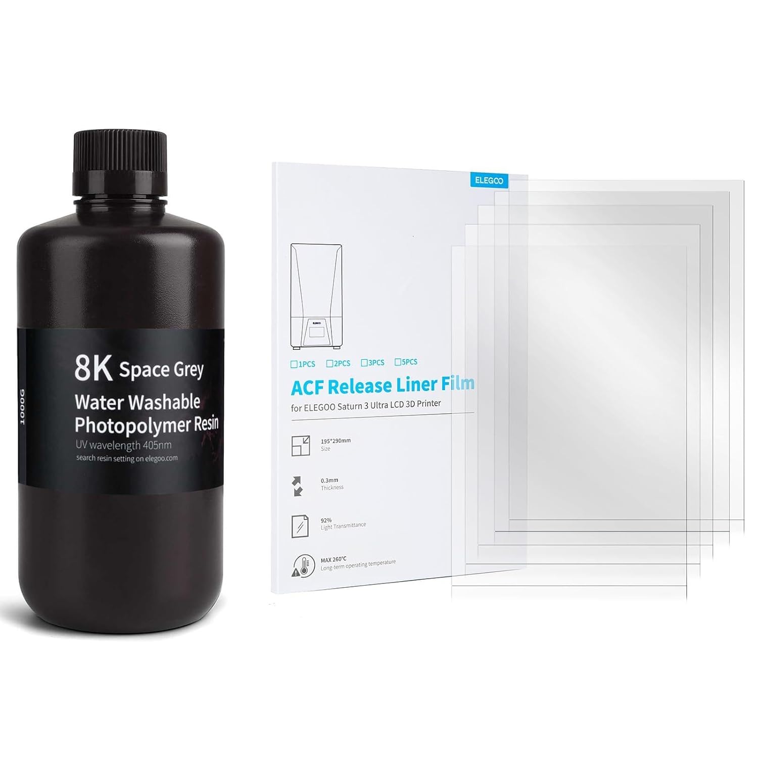 ELEGOO 8K Water Washable 3D Printer Resin Space Grey 1000G and 5PCS ACF Release Liner Film for Saturn 3 Ultra LCD 3D Printer