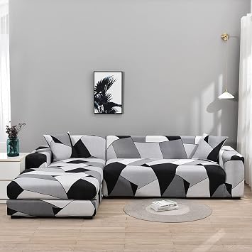 LiveGo L Shape Sofa Cover Sectional Couch Slipcover 2 Piece Stretchy Elastic 3 Seater Chaise Sofa Furniture Protector Slip Covers with 4pcs Pillowcases for Living Room Pets Kids Grey & White