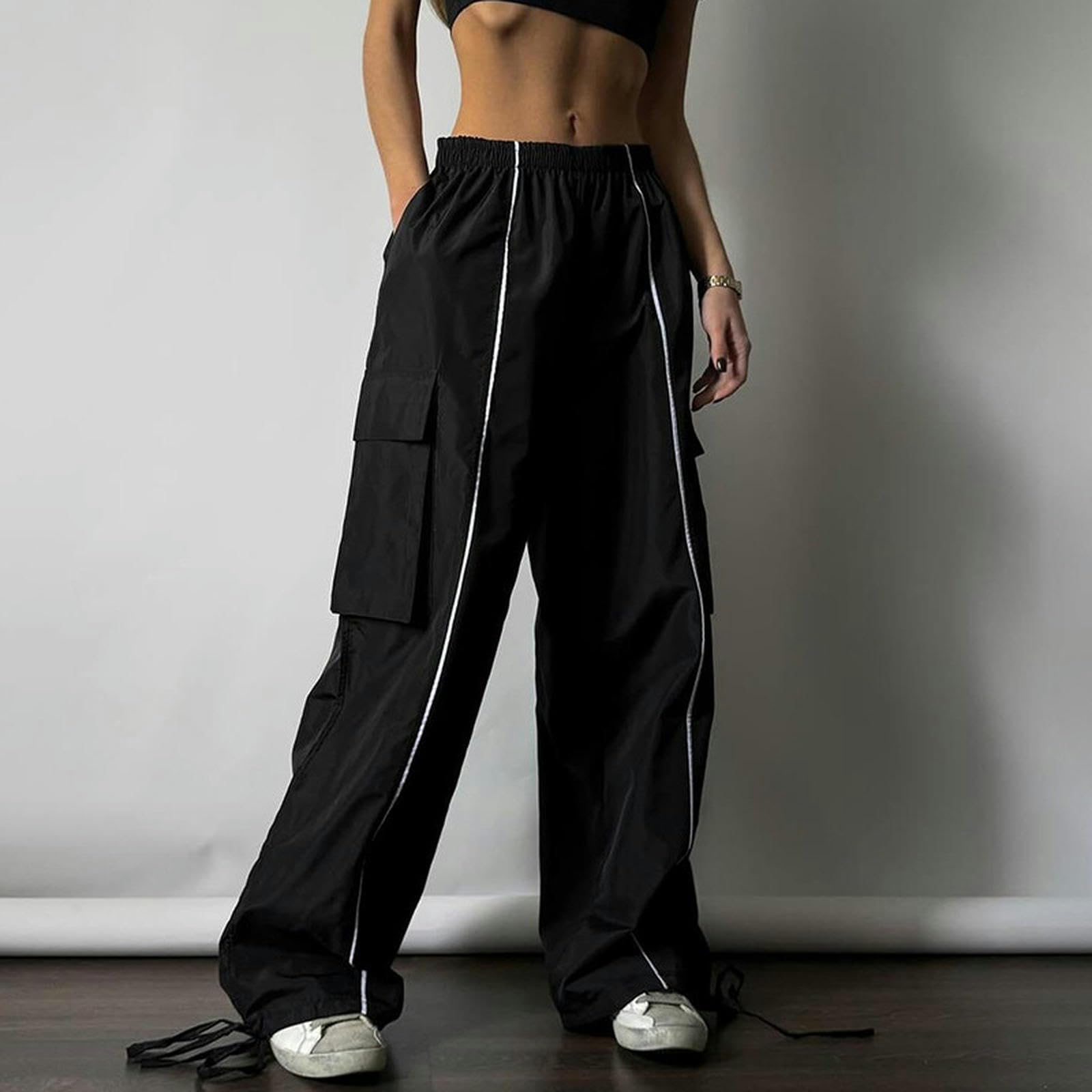 Costine Spesse da Strada Americana con Leggings di Colore a Contrasto, Tuta Ampia, Elastico in Vita, Pantaloni Casual Dritti - Nero - S