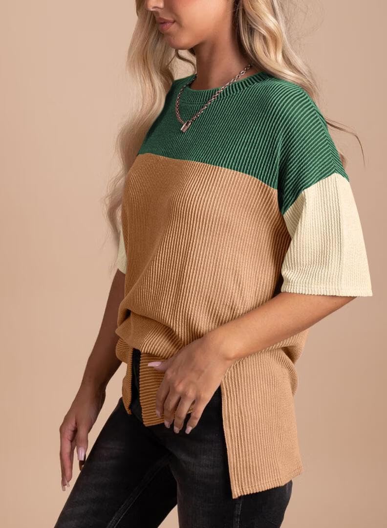 Womens Color Block Fashion Short Sleeve Crewneck Knitted Spring Summer Casual Loose T Shirts Tops