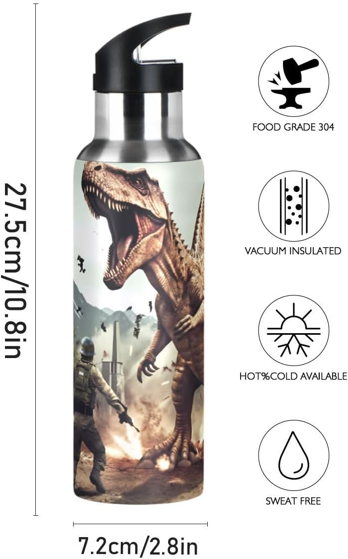 Water Bottle with Straw 3D Dinosaur T-Rex Disaster Dragon Lid Boys Insulated Stainless Steel Water Flask Sports, 20 oz Hot Cold - Image 2