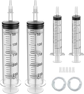 2 Pack 250ML Large Syringe and 2 Pack 20ML Plastic Syringes with Tube und Adapter, Sterile Individually Wrap Measurement and Dispensing Syringe Tools for Science Labs und Feeding Pets (2, 250ml)