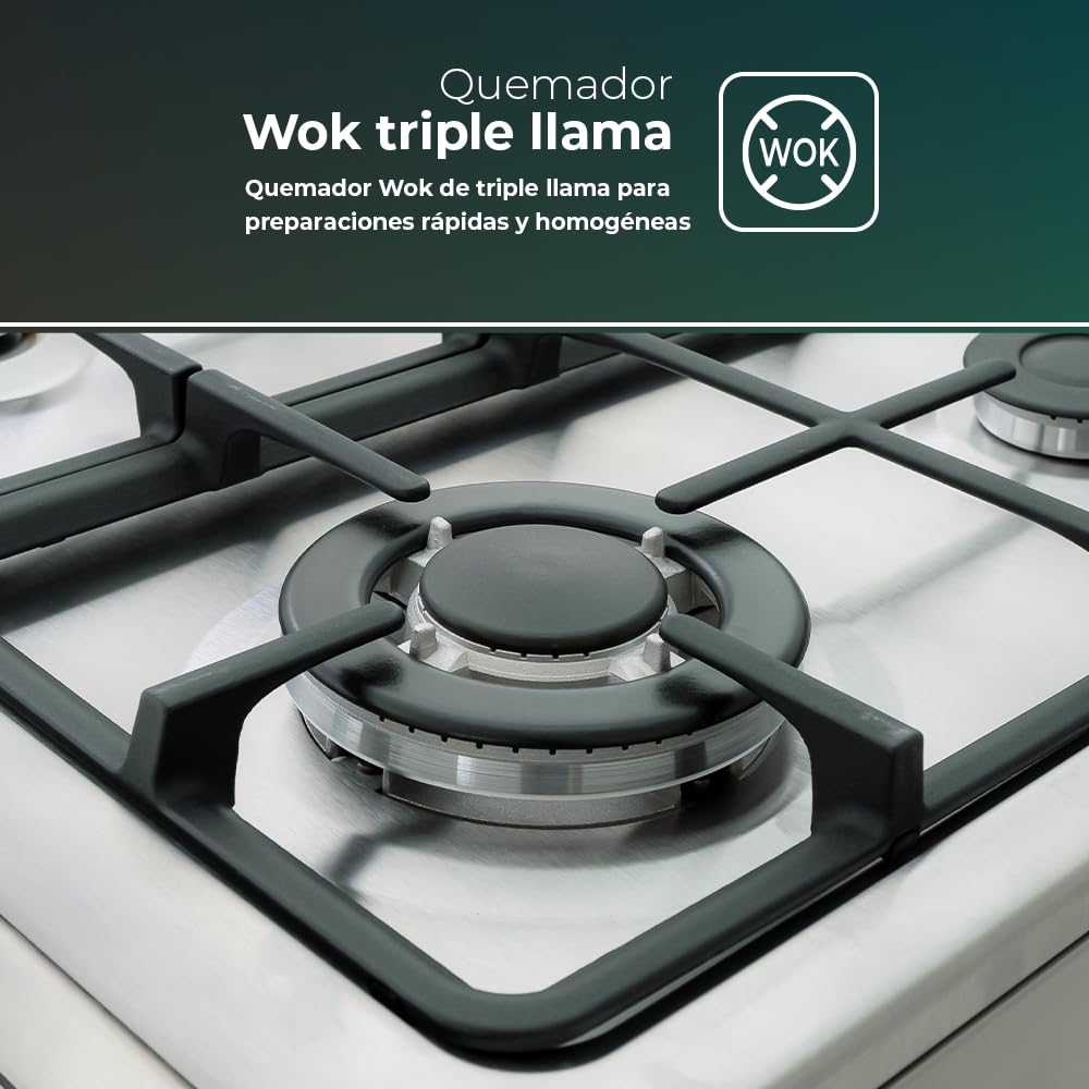Svan Cocina Mixta gas Butano 4 Zonas Inox SKMW4600X. Quemador WOK triple llama, Kit Conversión Gas Natural, Acabado en Inox