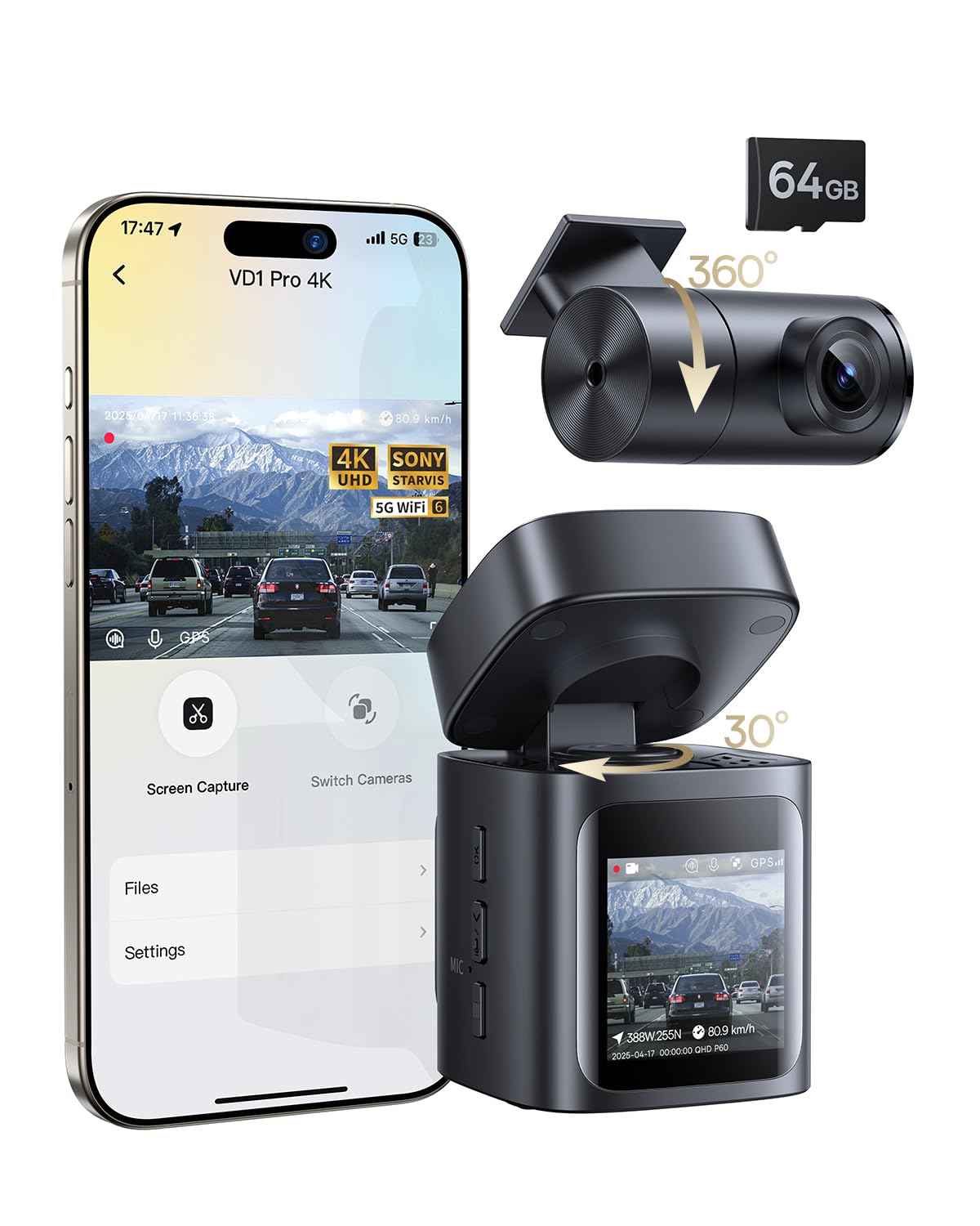 Baseus VD1 Pro Dashcam Auto Vorne Hinten 4K/1080P | Solar-Unterstütztem Akku-Parkmodus, STARVIS Nachtsicht Parküberwachung, 5GHz WLAN, GPS, Weitwinkel, Kostenlose 64GB Karte